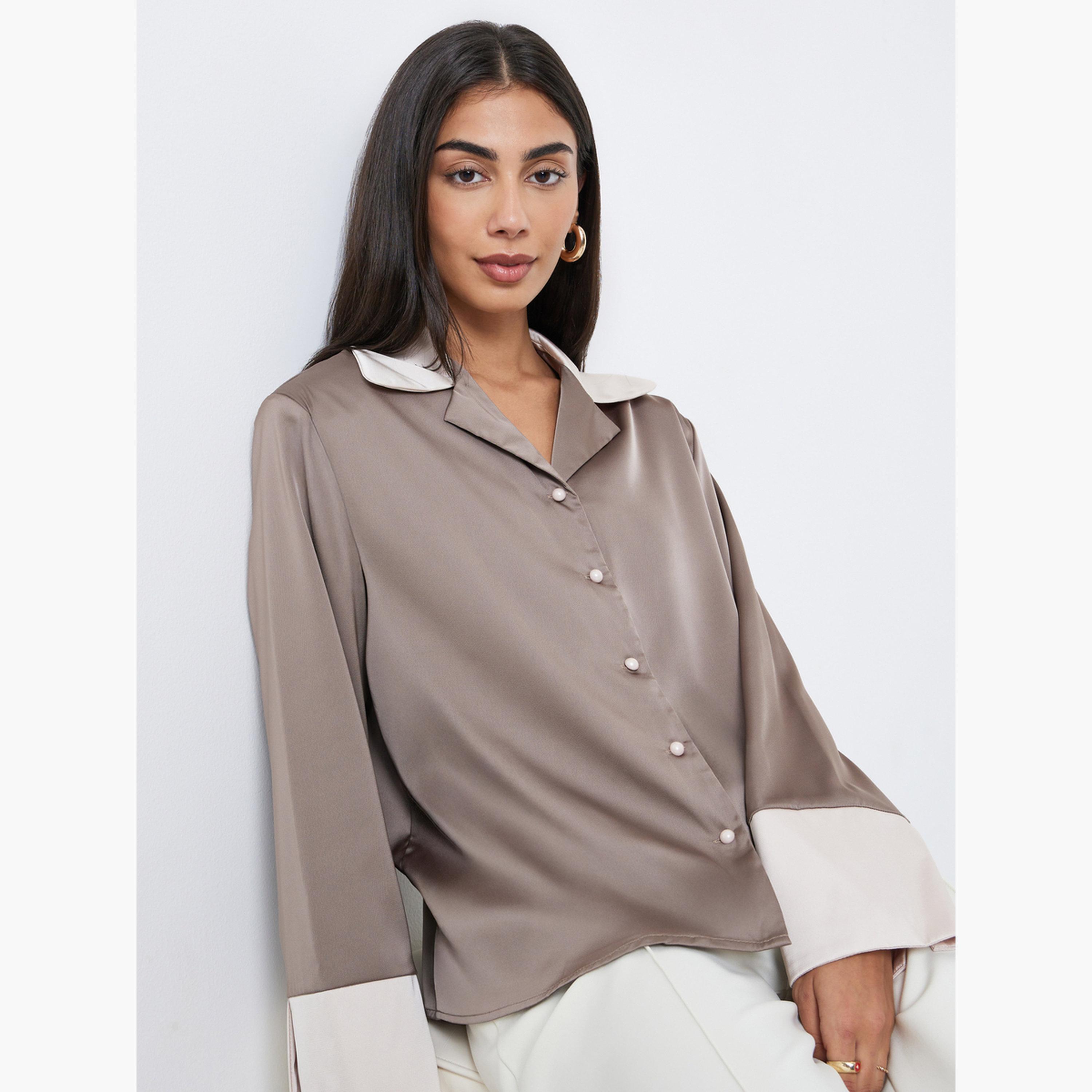 Styli Women Brown Color Block Notch Lapel Button Down Shirt-women-clothing-shirtsandblouses-shirts-image-3