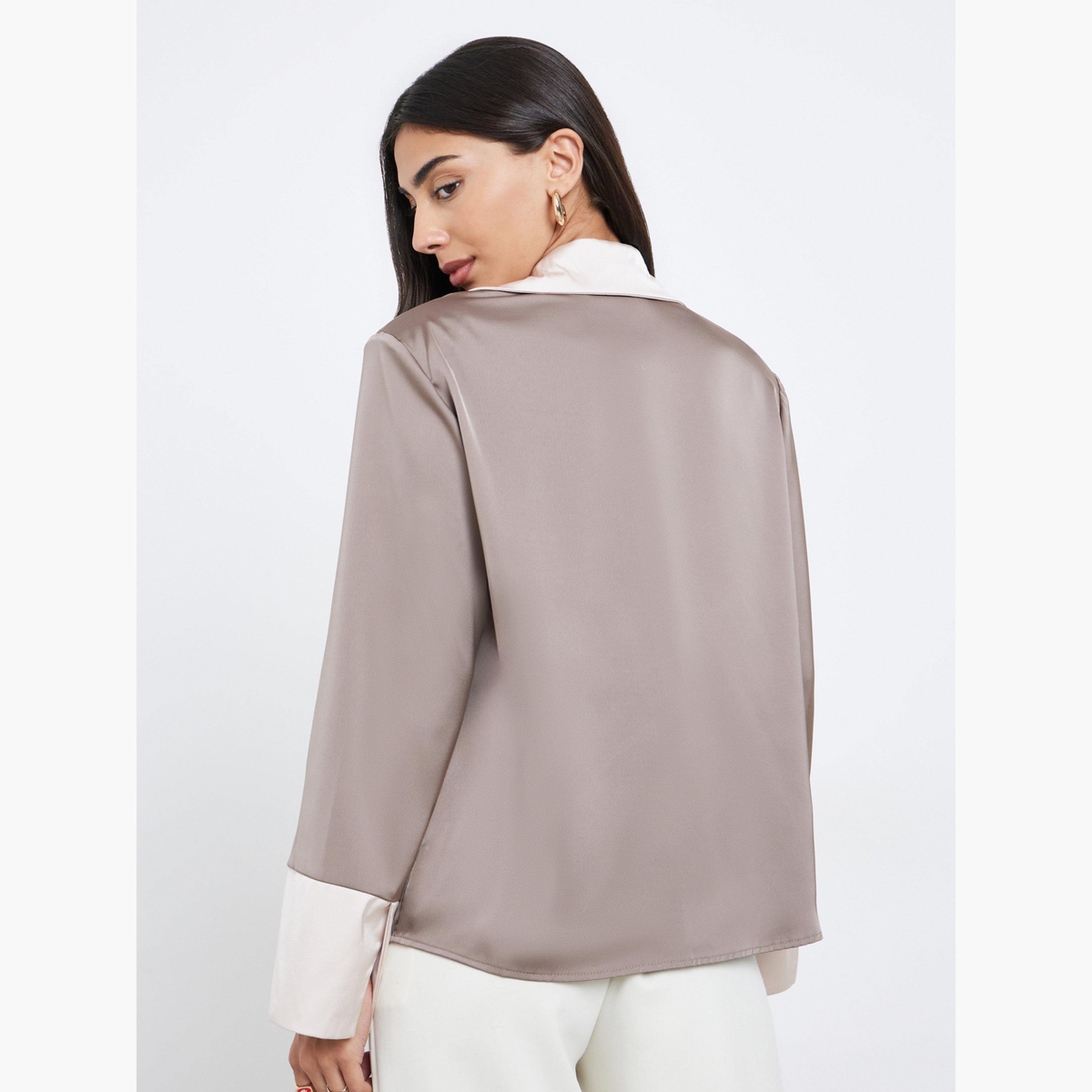 Styli Women Brown Color Block Notch Lapel Button Down Shirt-women-clothing-shirtsandblouses-shirts-image-5