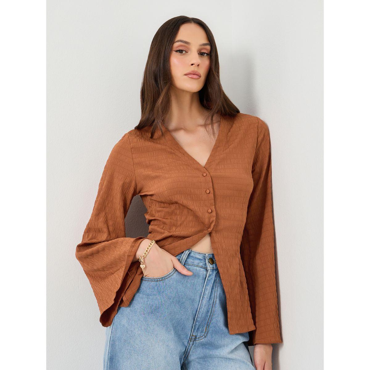 Styli Brown Textured V-Neck Button Flared Sleeve Shirt-women-clothing-shirtsandblouses-shirts-image-1