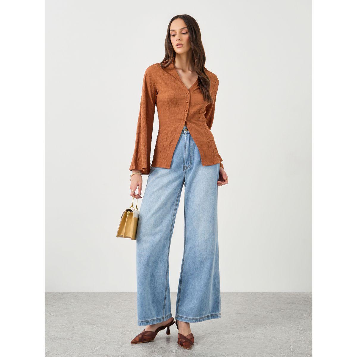 Styli Brown Textured V-Neck Button Flared Sleeve Shirt-women-clothing-shirtsandblouses-shirts-image-2