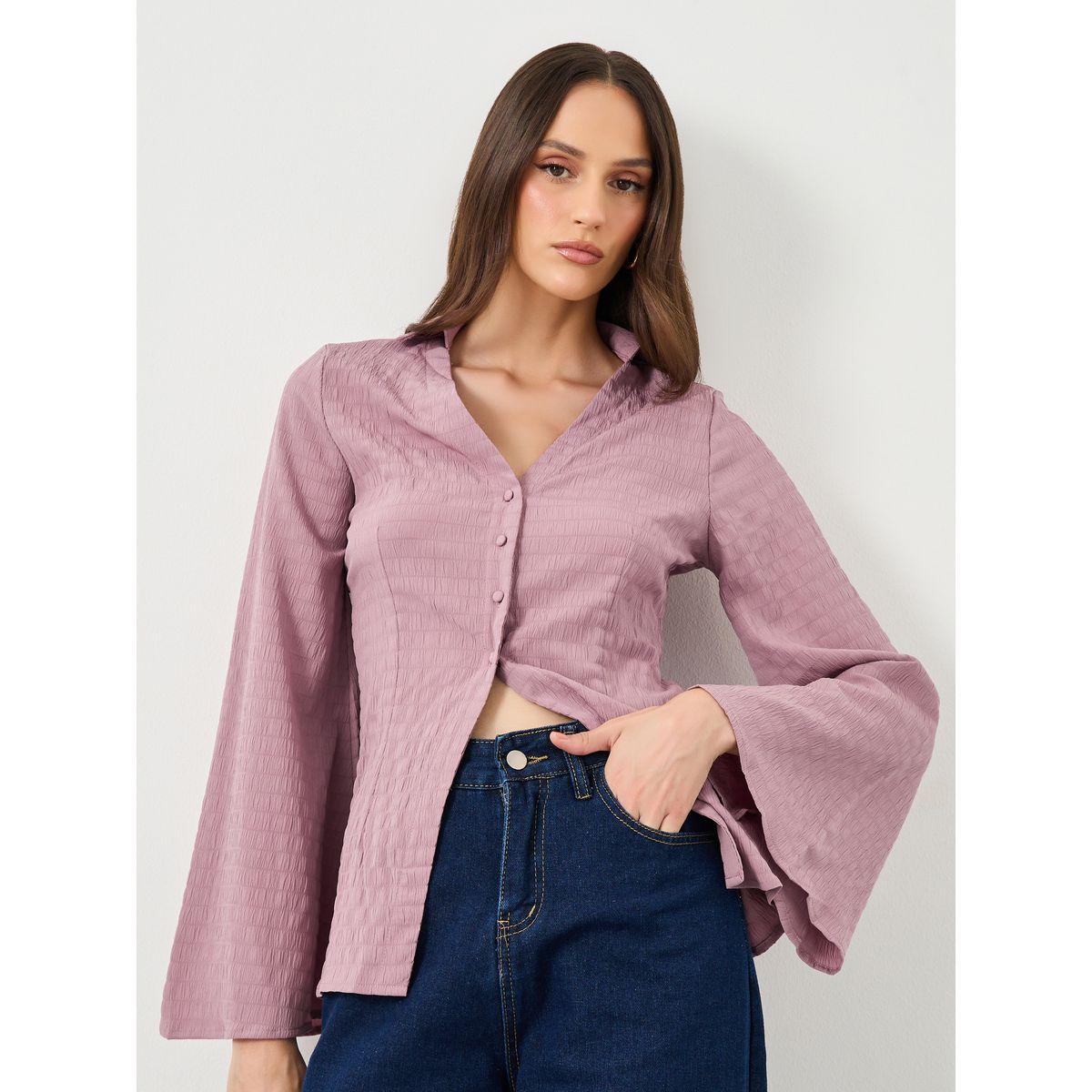 Styli Purple Textured V-Neck Button Flared Sleeve Shirt-women-clothing-shirtsandblouses-shirts-image-1