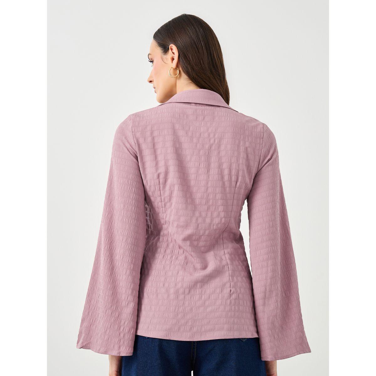 Styli Purple Textured V-Neck Button Flared Sleeve Shirt-women-clothing-shirtsandblouses-shirts-image-4