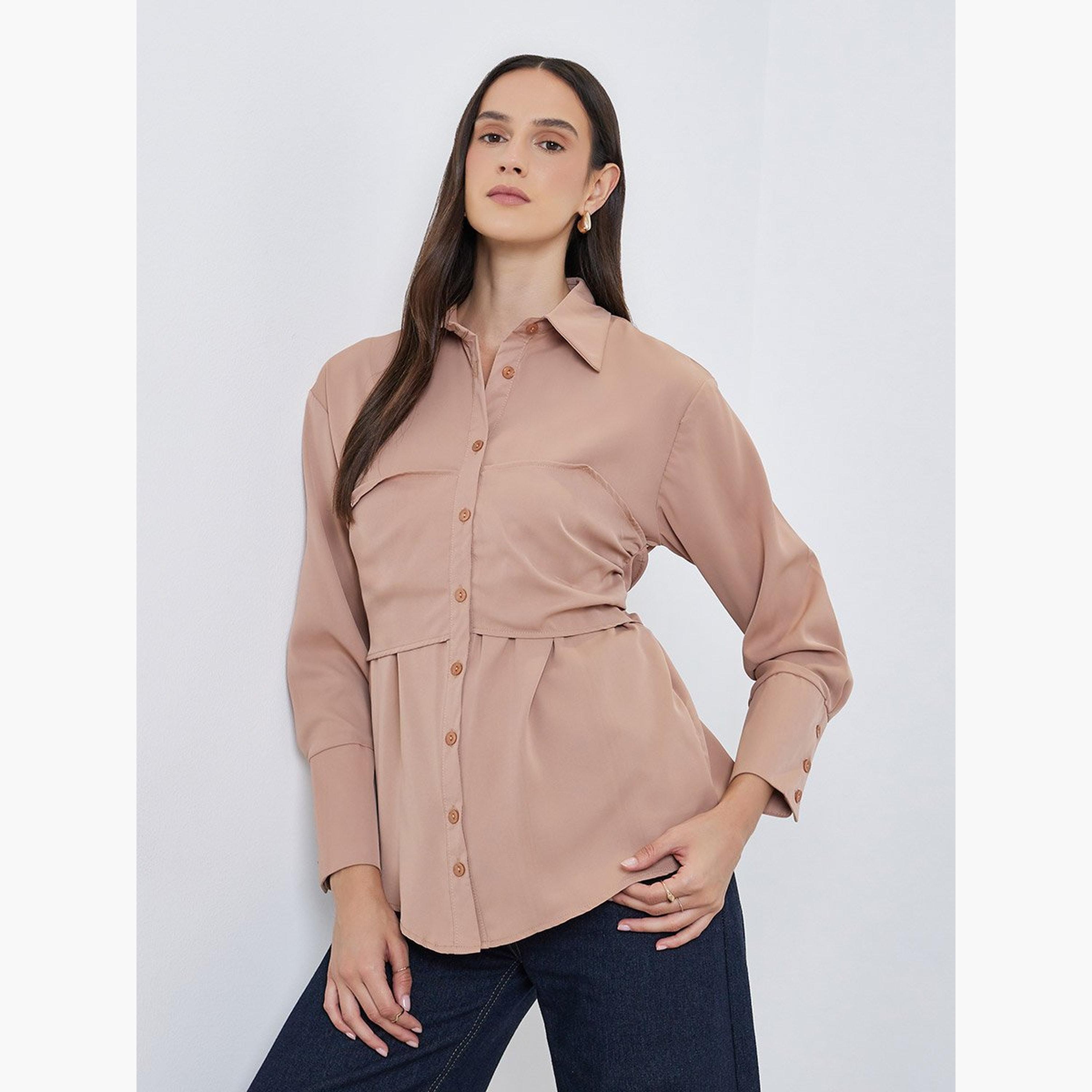 Styli Spread Collar Buttoned Long Sleeve Shirt-women-clothing-shirtsandblouses-shirts-image-1