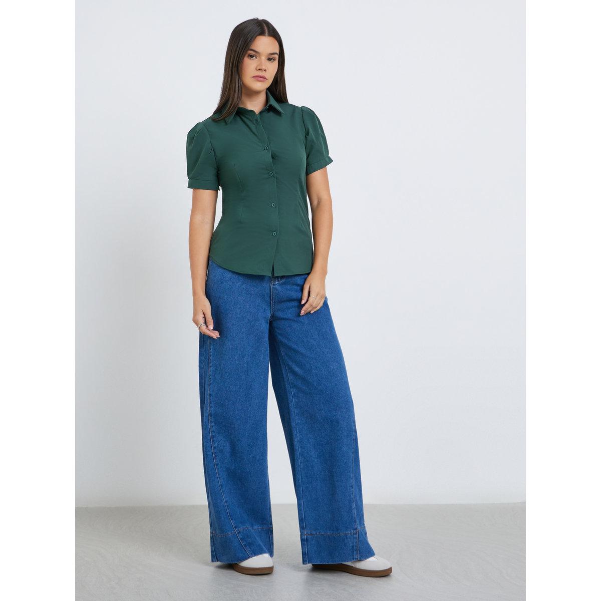 Styli Spread Collar Puff Sleeve Buttoned Shirt-women-clothing-shirtsandblouses-shirts-image-2