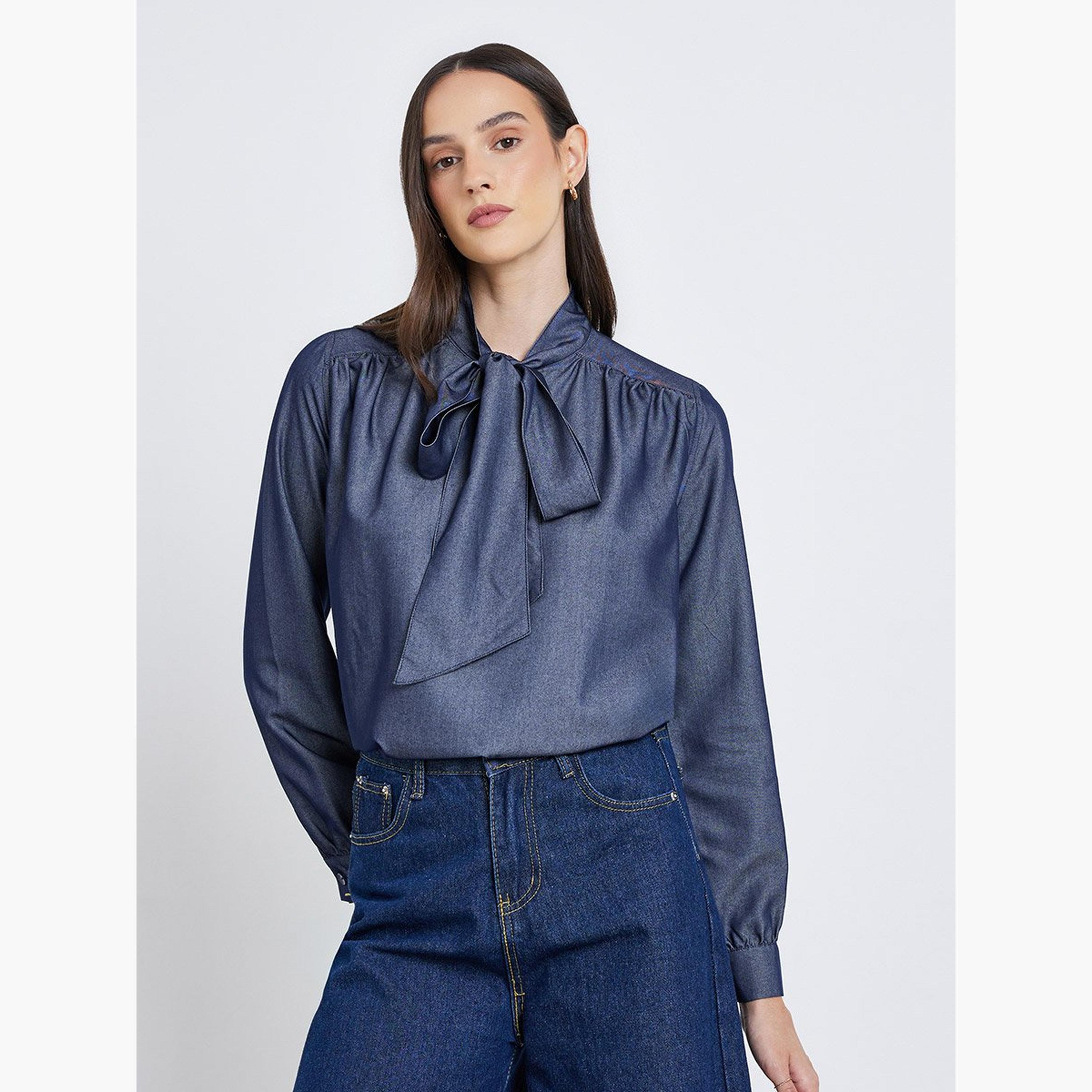 ستايلي - بلوزة بربطة عنق على شكل فيونكة وأكمام منفوخة-women-clothing-shirtsandblouses-blouses-image-1