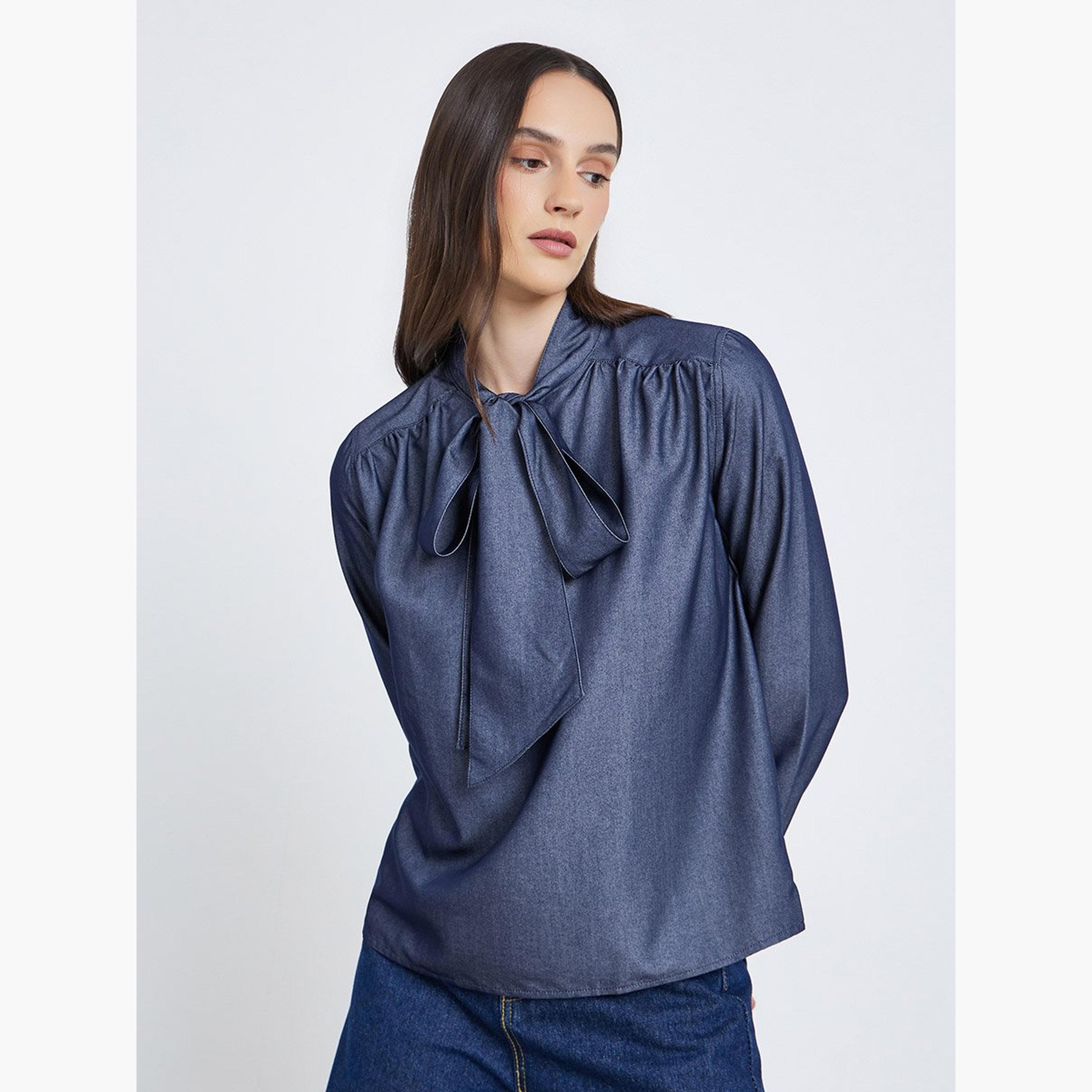 ستايلي - بلوزة بربطة عنق على شكل فيونكة وأكمام منفوخة-women-clothing-shirtsandblouses-blouses-image-2