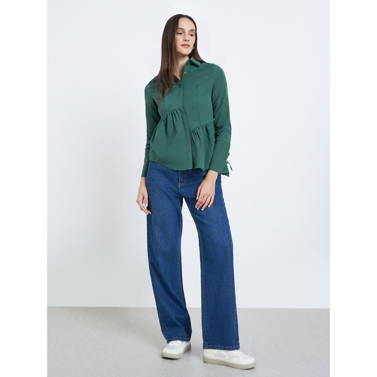 Styli Women Green Asymmetric Style Peplum Shirt-women-clothing-shirtsandblouses-shirts-image-2
