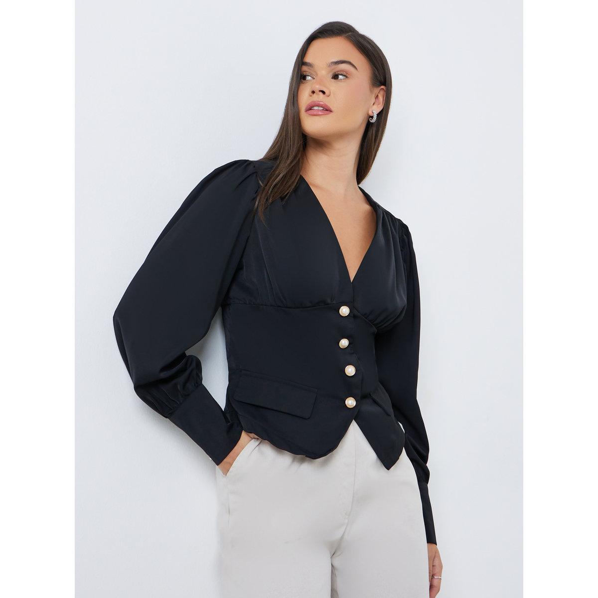 بلوزة سادة بتفاصيل أزرار وأكمام بالون-women-clothing-shirtsandblouses-blouses-image-1