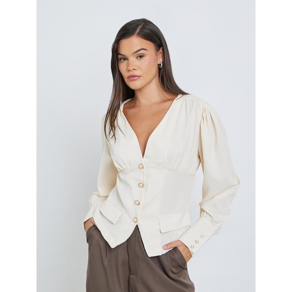 Styli V-Neck Buttoned Balloon Sleeve Tops-women-clothing-shirtsandblouses-blouses-image-3