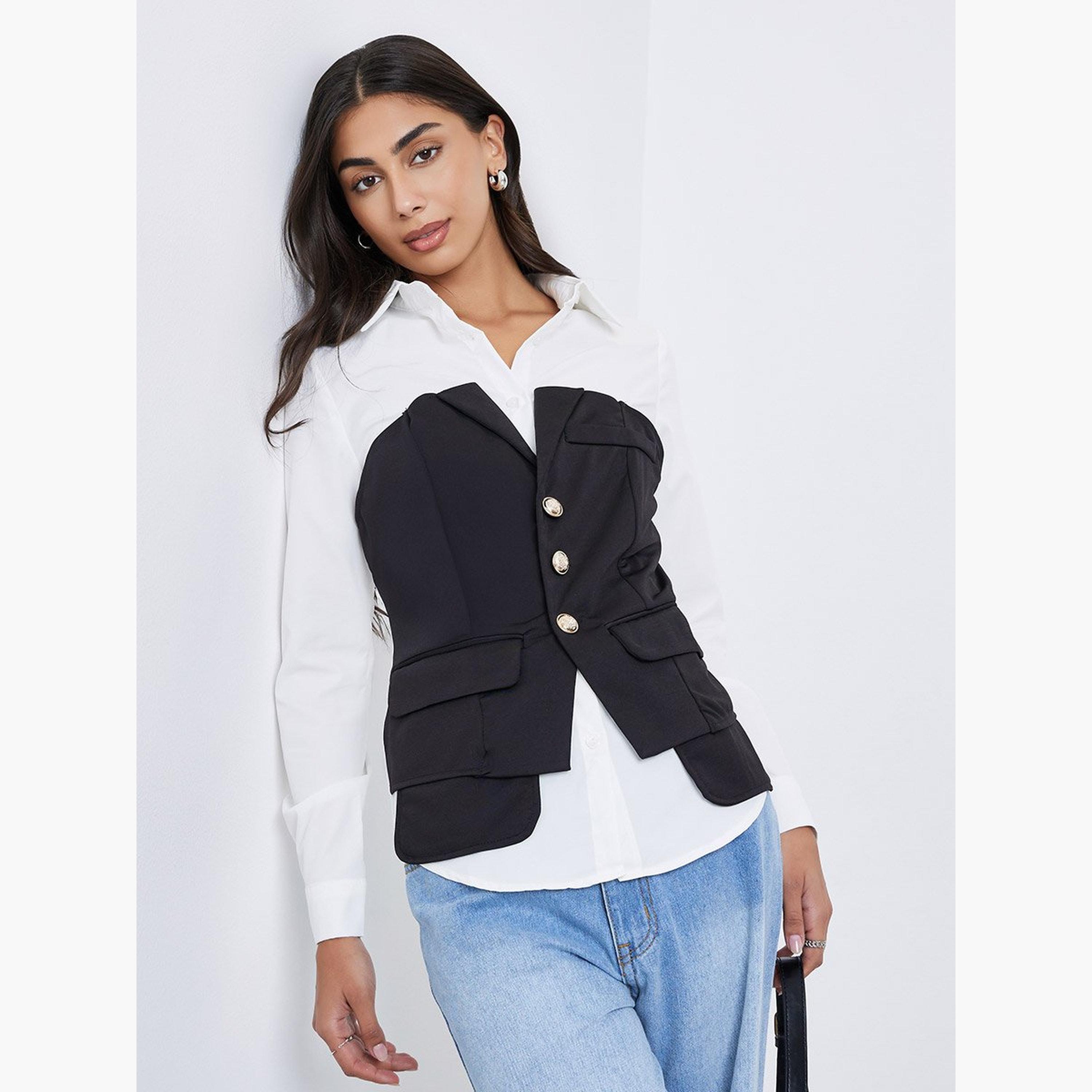 Styli Black Corset Style Shirt with Long Sleeves-women-clothing-shirtsandblouses-shirts-image-1
