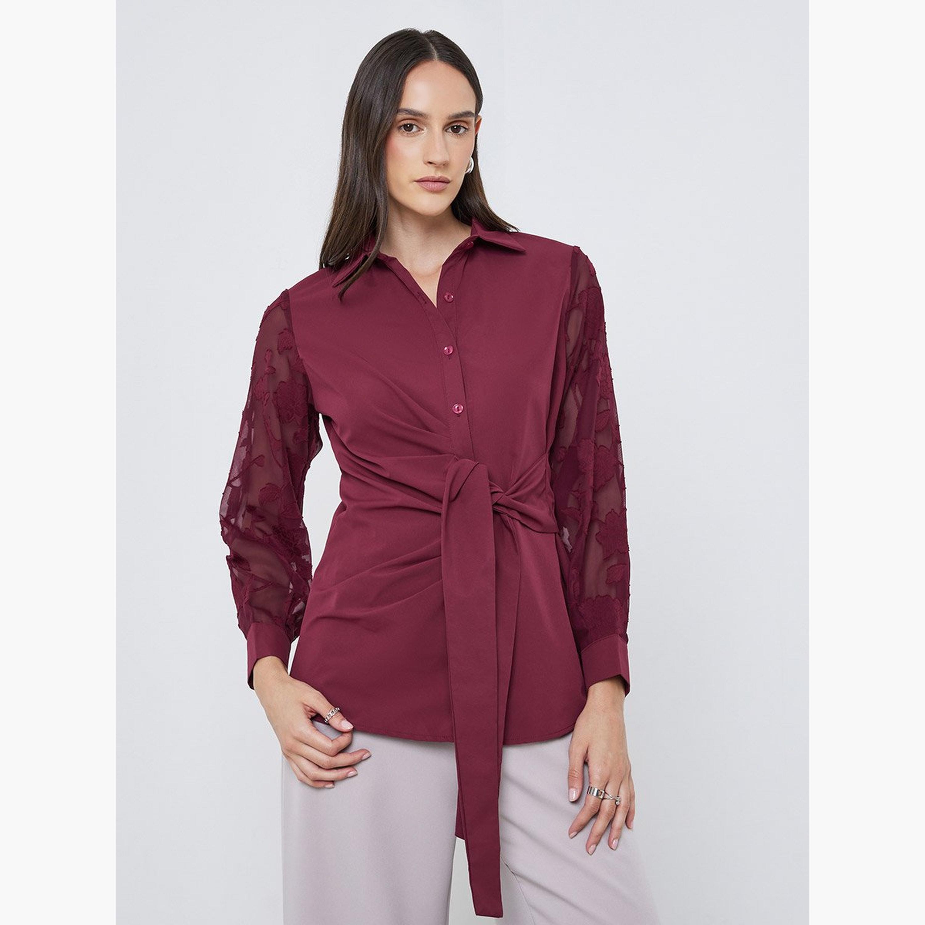 Styli Front Knot Lace Long Sleeve Buttoned Shirt-women-clothing-shirtsandblouses-shirts-image-1