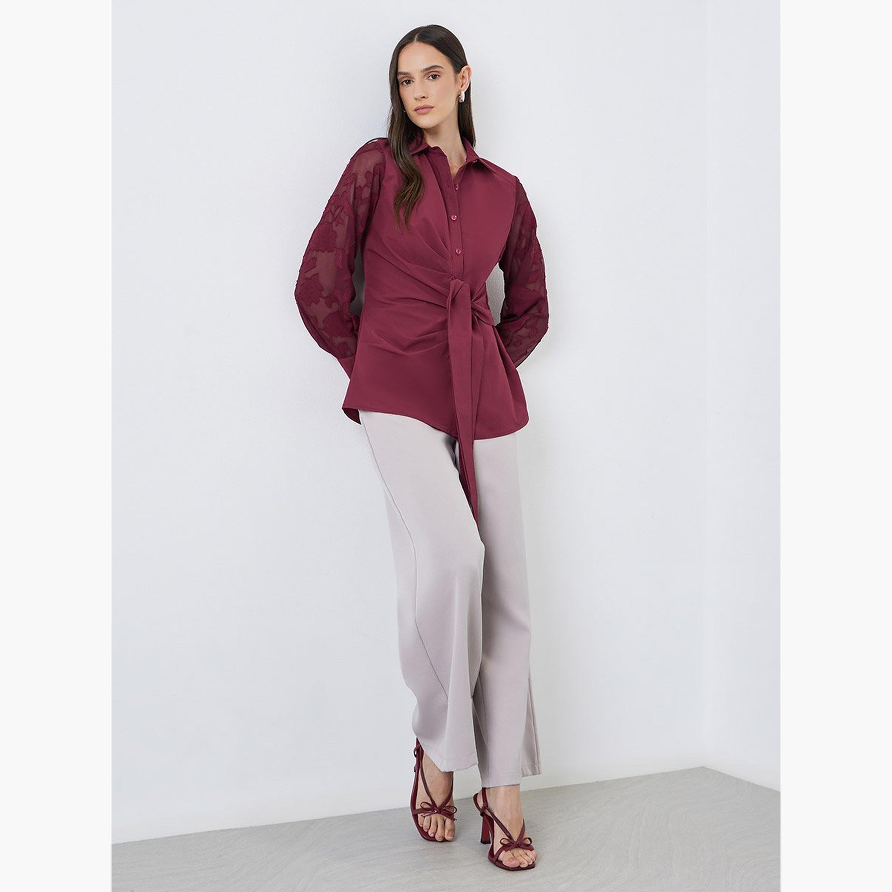 Styli Front Knot Lace Long Sleeve Buttoned Shirt-women-clothing-shirtsandblouses-shirts-image-2