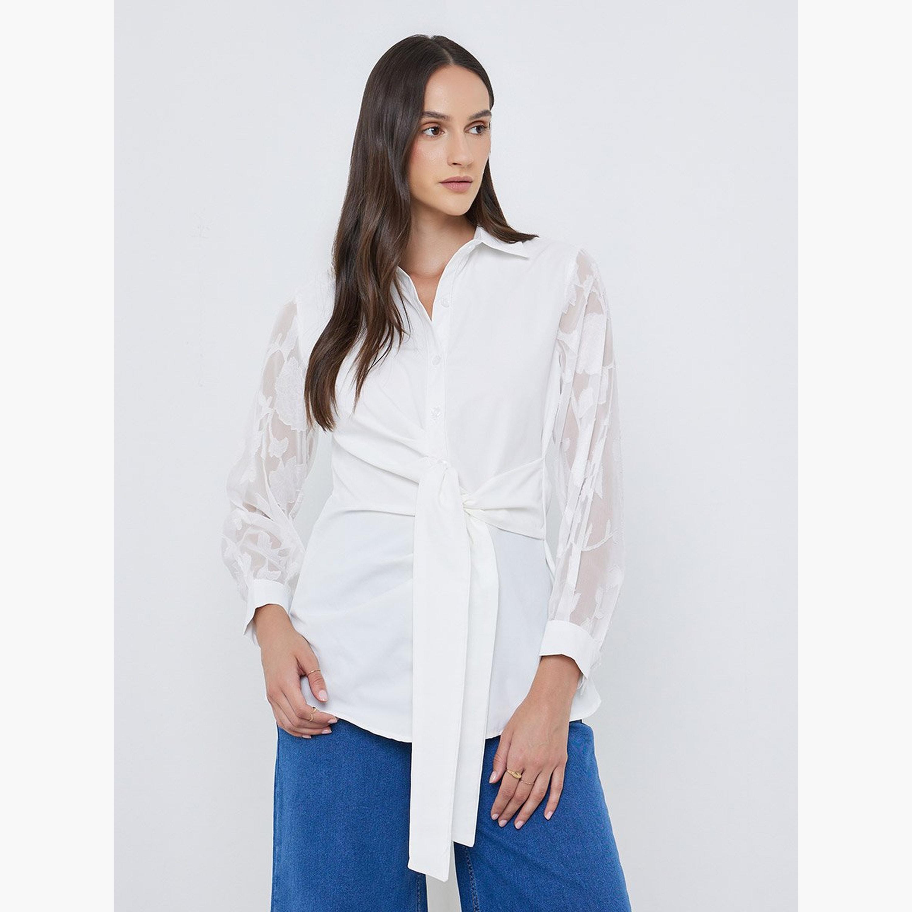 ستايلي - قميص من الدانتيل بأكمام طويلة وعقدة أمامية وأزرار-women-clothing-shirtsandblouses-shirts-image-1