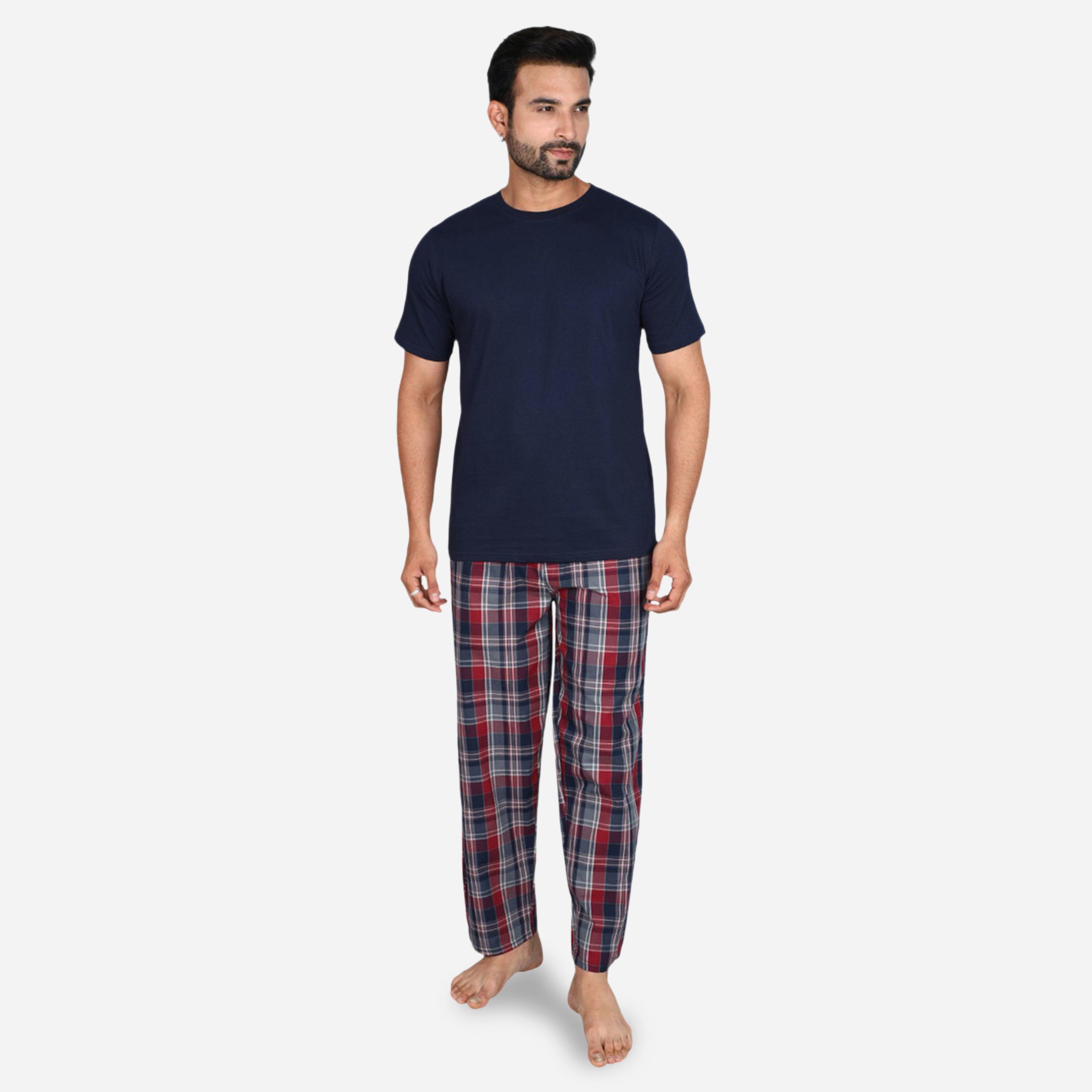Victor and Jane X Styli Solid Short Sleeve T-Shirt and Checked Pyjama Set-men-clothing-nightwear-sets-image-1