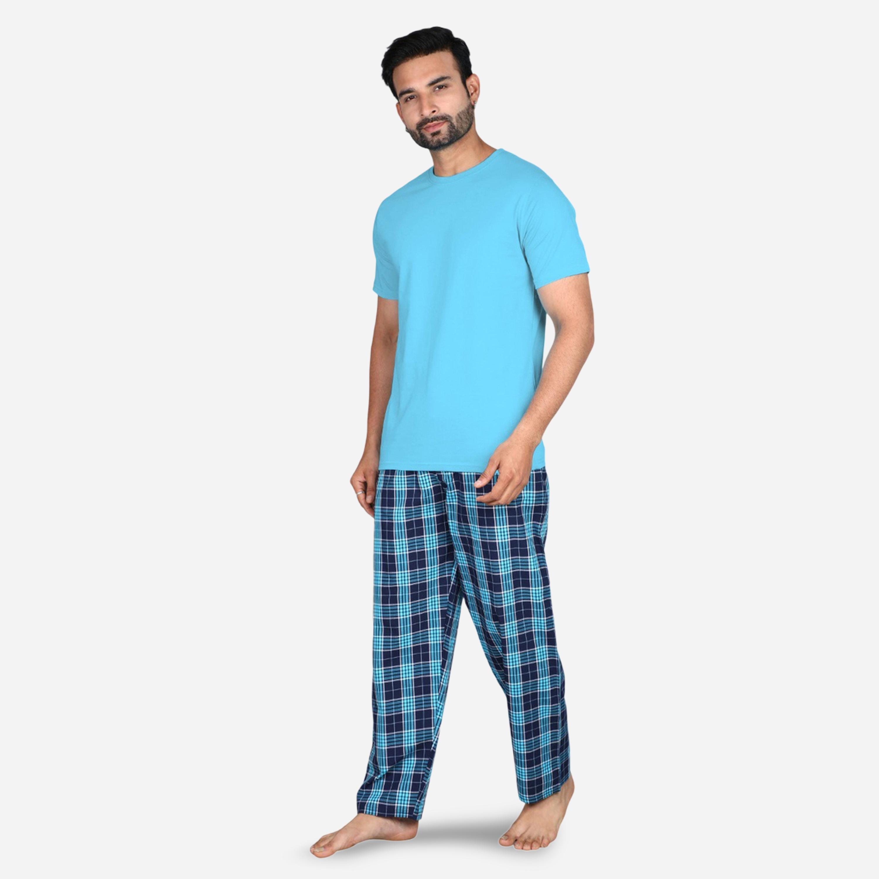 طقم بيجاما من بنطال وتيشيرت سادة بأكمام قصيرة-men-clothing-nightwear-sets-image-2