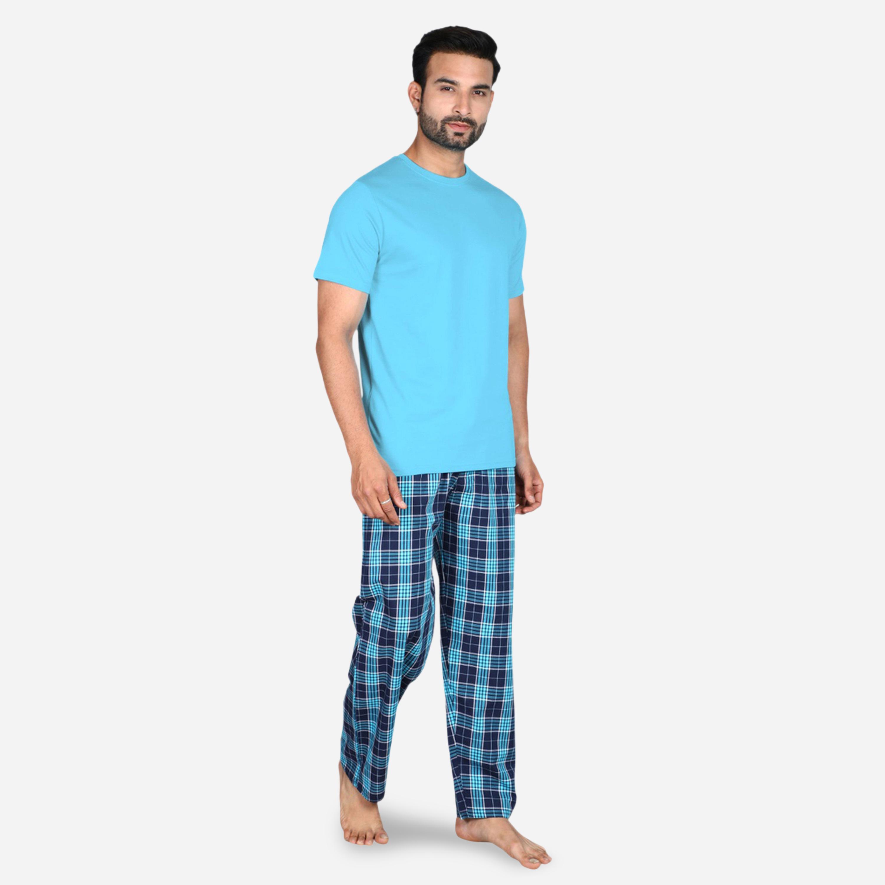 طقم بيجاما من بنطال وتيشيرت سادة بأكمام قصيرة-men-clothing-nightwear-sets-image-3