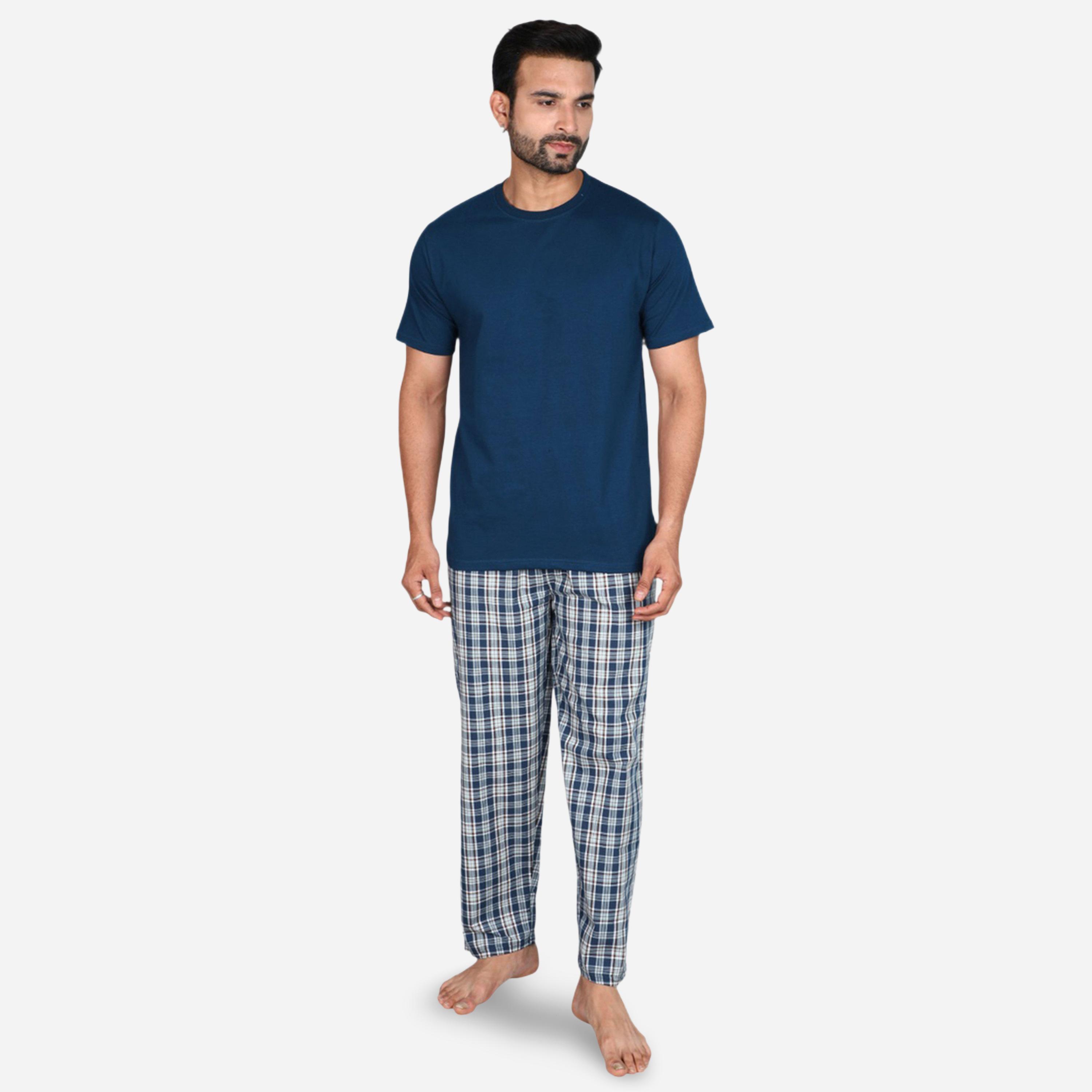 طقم بيجاما من بنطال وتيشيرت سادة بأكمام قصيرة-men-clothing-nightwear-sets-image-1
