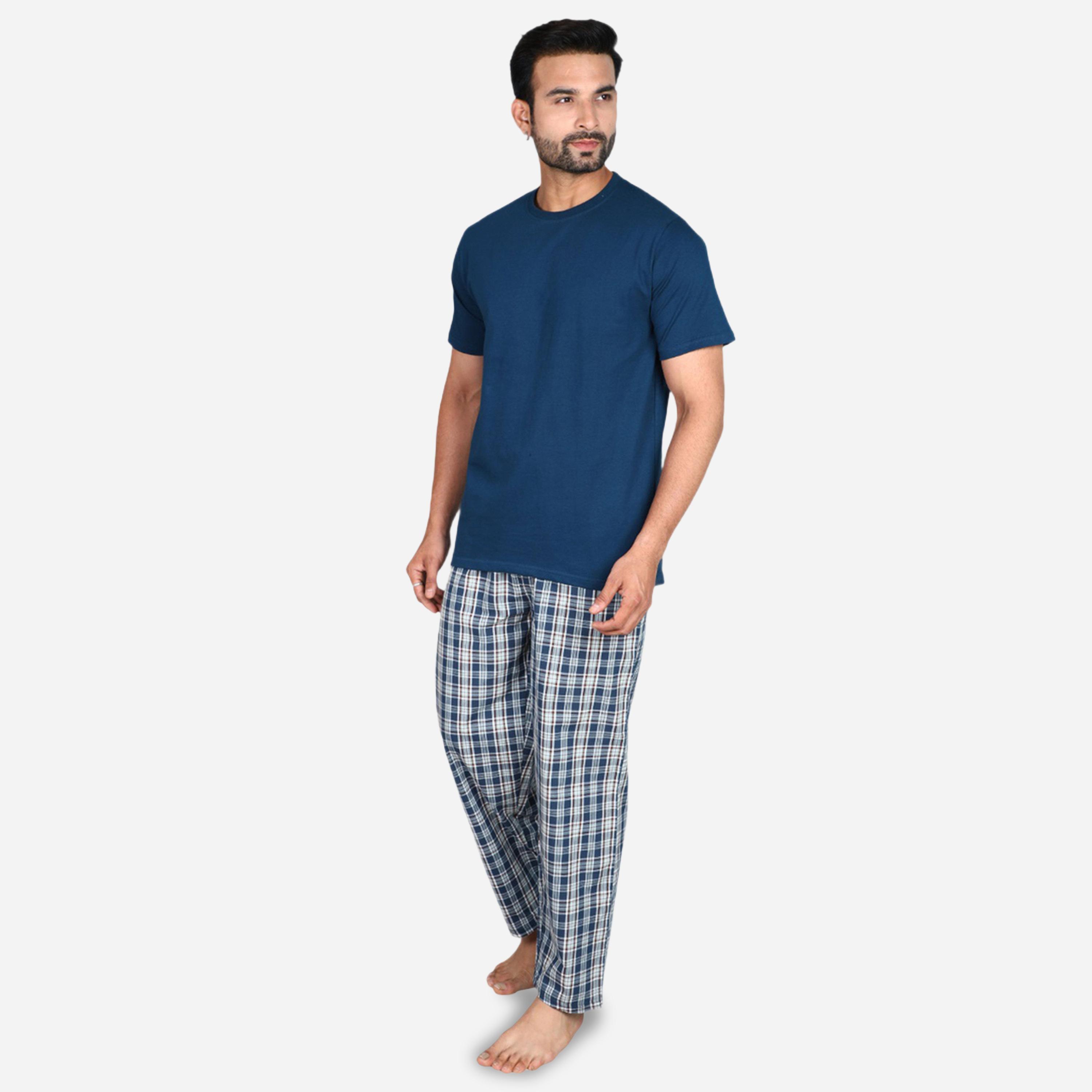 Victor and Jane X Styli Solid Short Sleeve T-Shirt and Checked Pyjama Set-men-clothing-nightwear-sets-image-2
