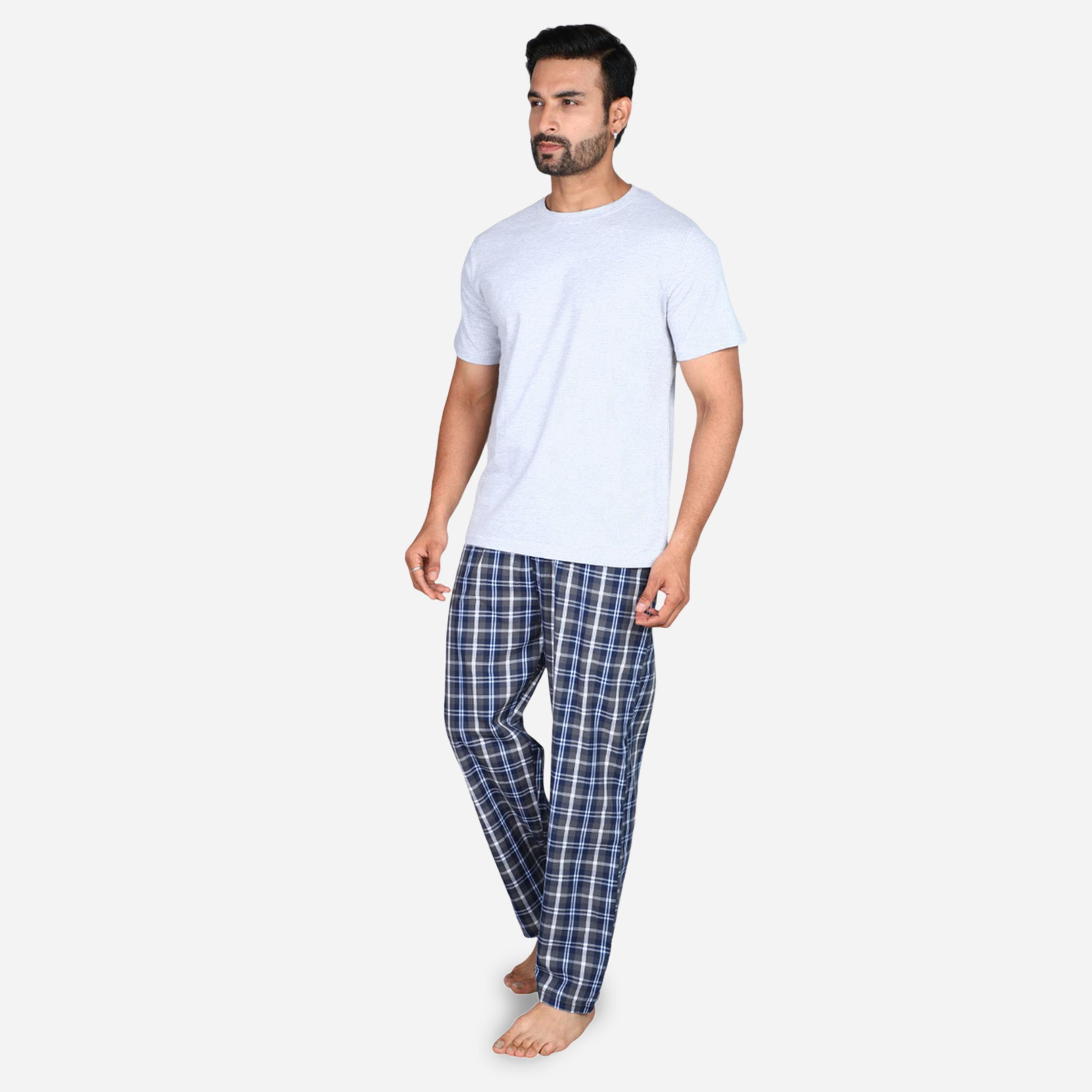 طقم بيجاما من بنطال وتيشيرت سادة بأكمام قصيرة-men-clothing-nightwear-sets-image-2