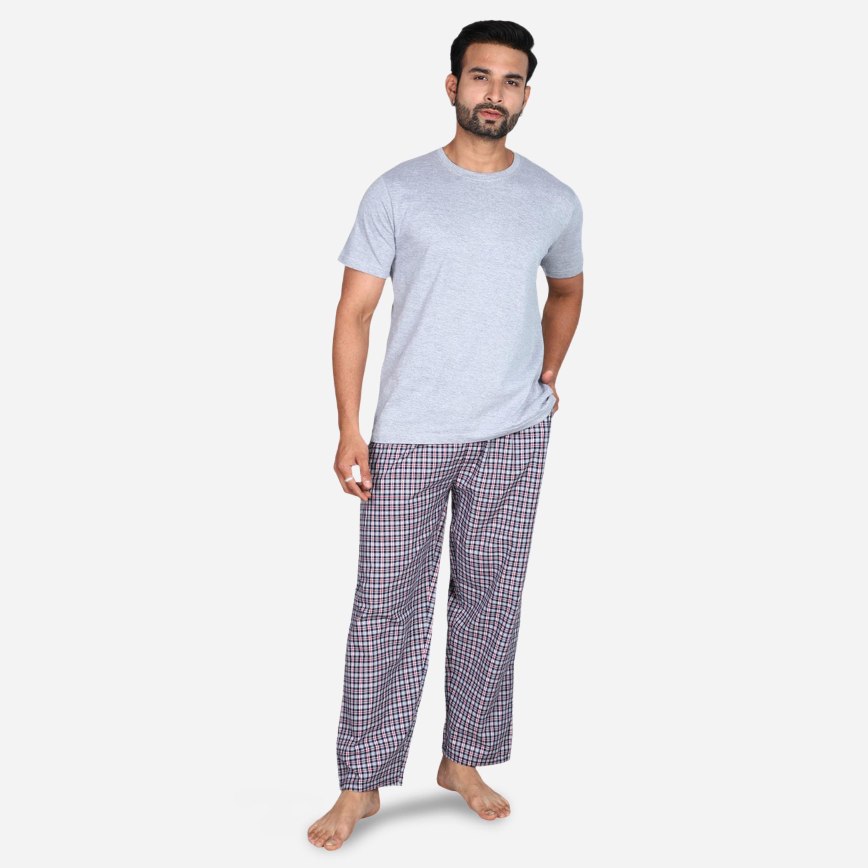 طقم بيجاما من بنطال وتيشيرت سادة بأكمام قصيرة-men-clothing-nightwear-sets-image-1