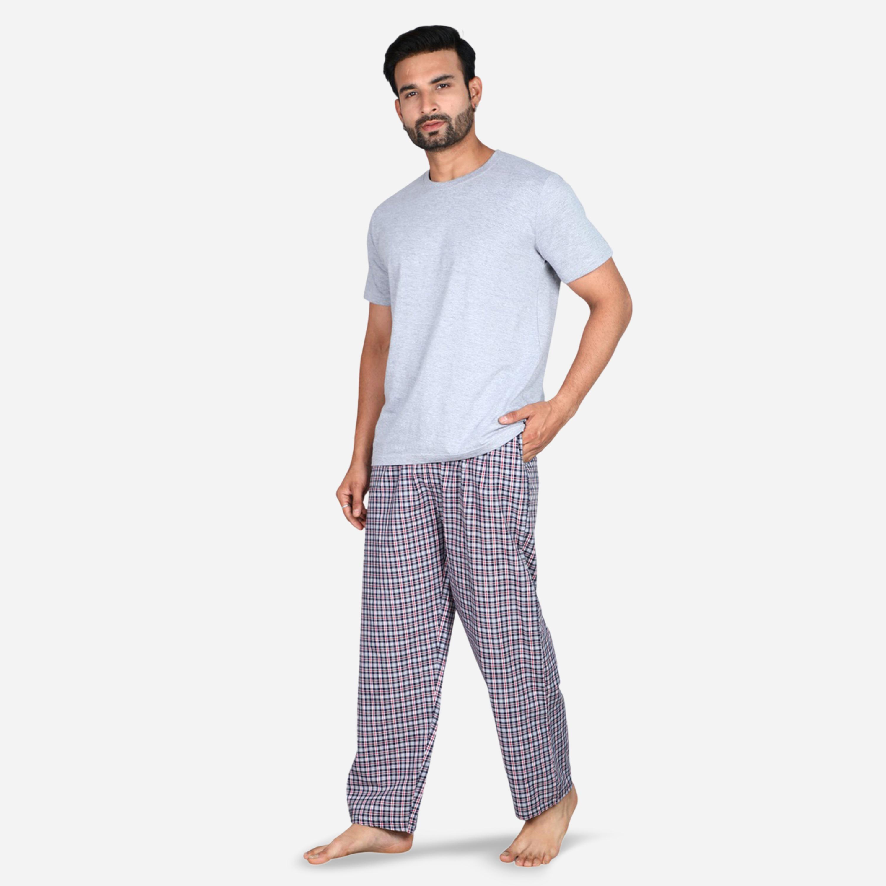 طقم بيجاما من بنطال وتيشيرت سادة بأكمام قصيرة-men-clothing-nightwear-sets-image-2