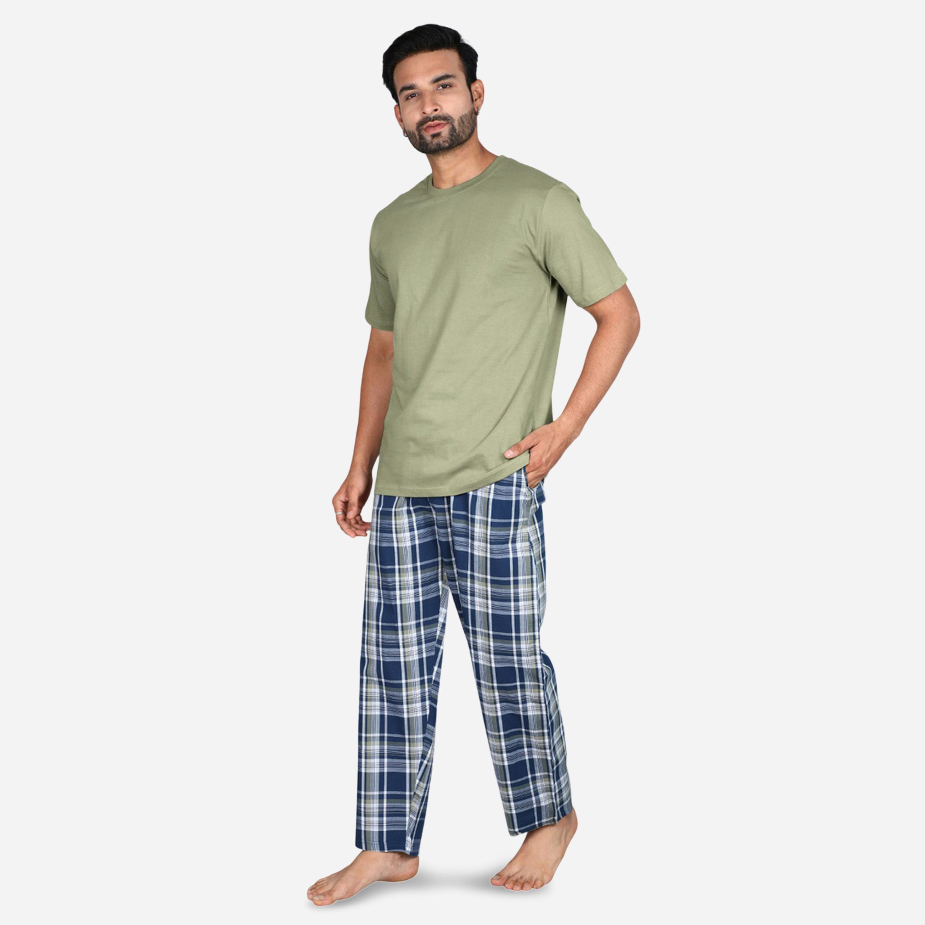 طقم بيجاما من بنطال وتيشيرت سادة بأكمام قصيرة-men-clothing-nightwear-sets-image-2