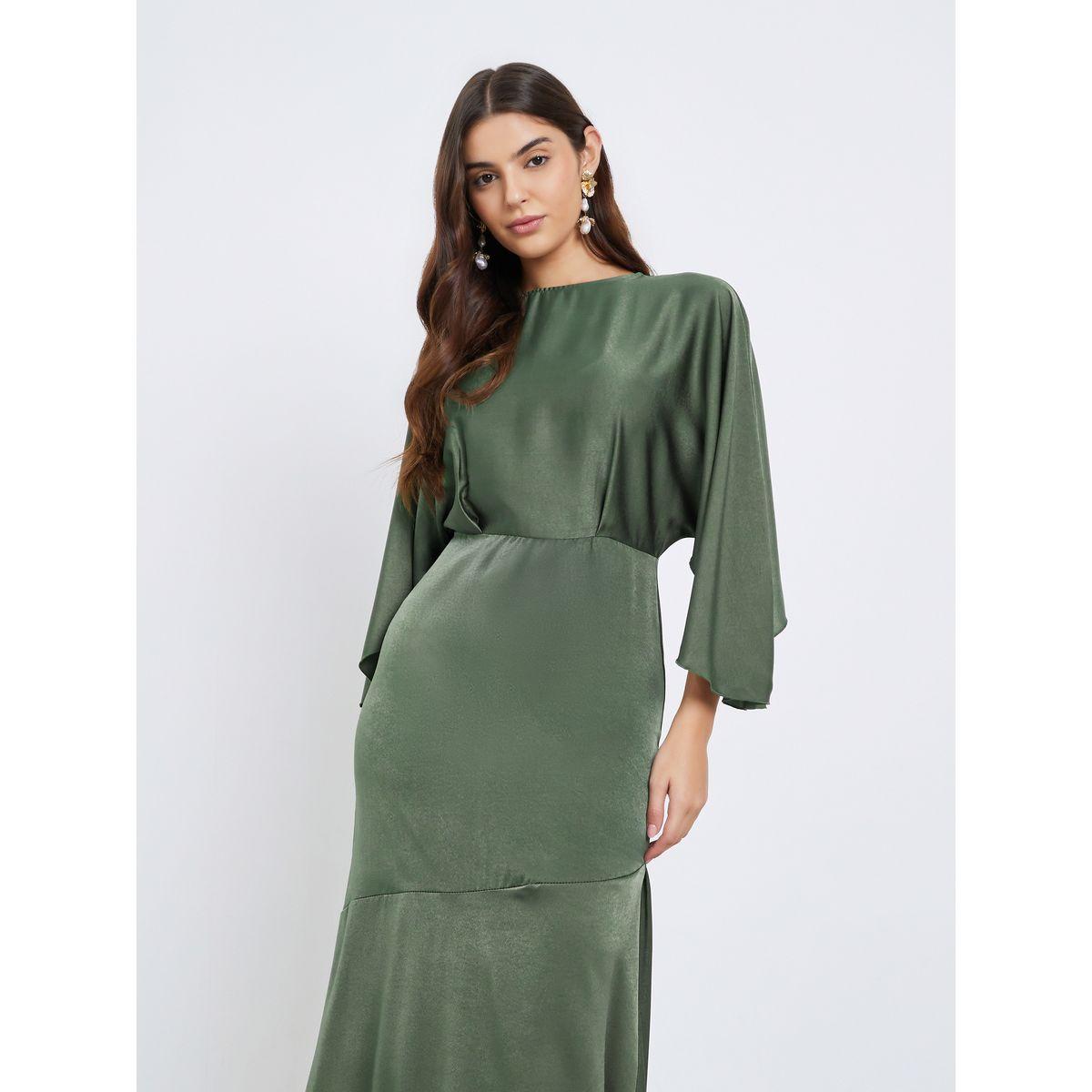 Styli Women Green Satin Maxi Dress with Draped Sleeves-women-clothing-dresses-image-3