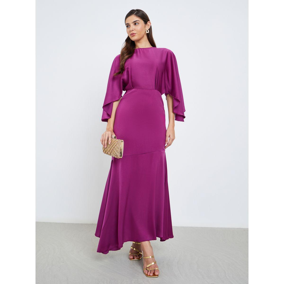 Styli Women Magenta Satin Maxi Dress with Draped Sleeves-women-clothing-dresses-image-1
