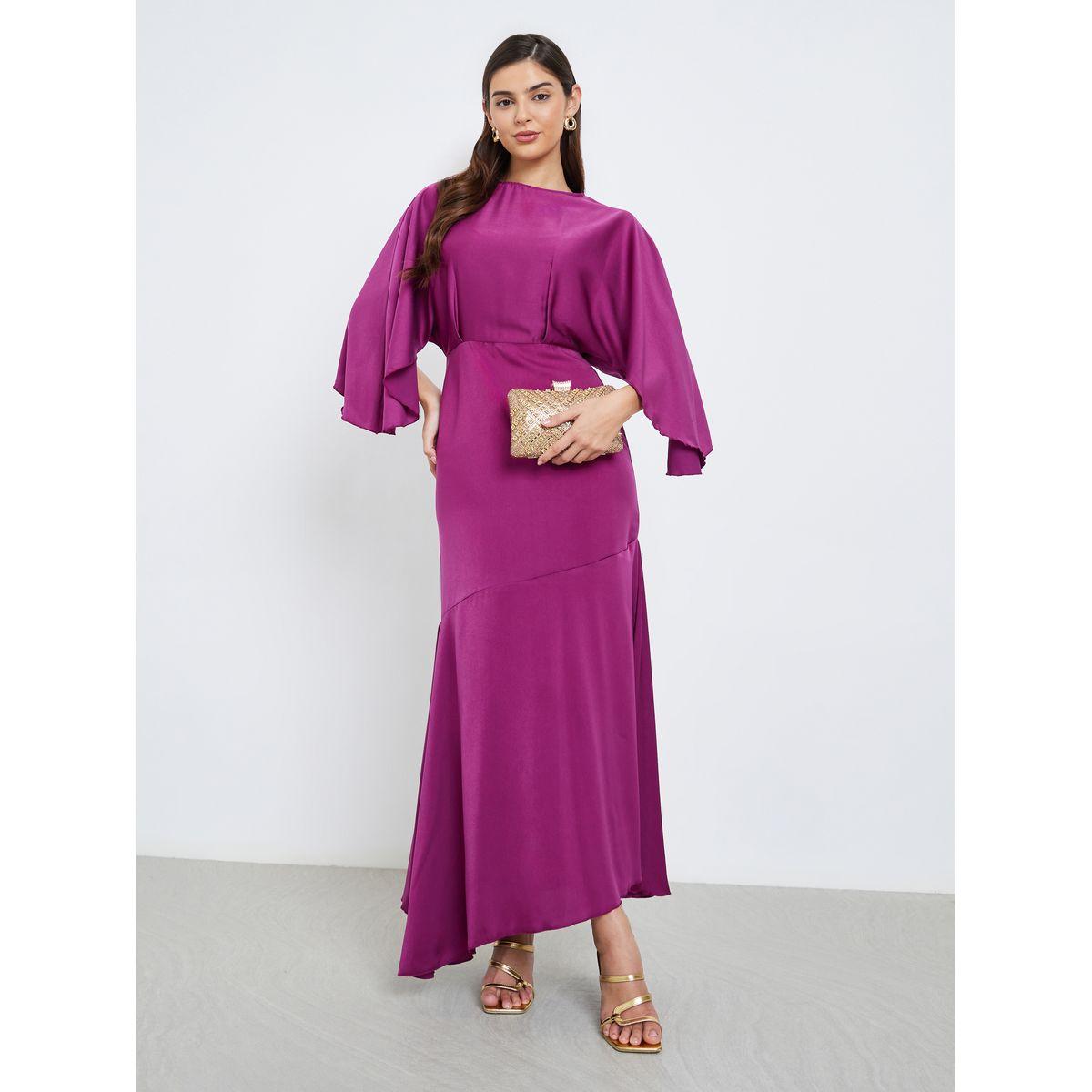 Styli Women Magenta Satin Maxi Dress with Draped Sleeves-women-clothing-dresses-image-2