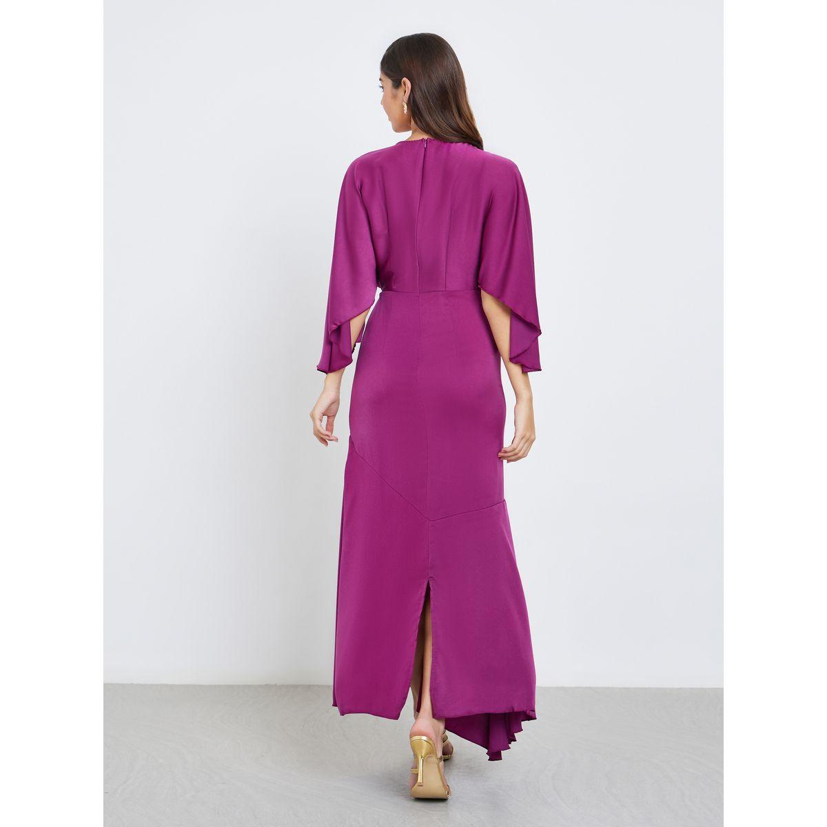 Styli Women Magenta Satin Maxi Dress with Draped Sleeves-women-clothing-dresses-image-5