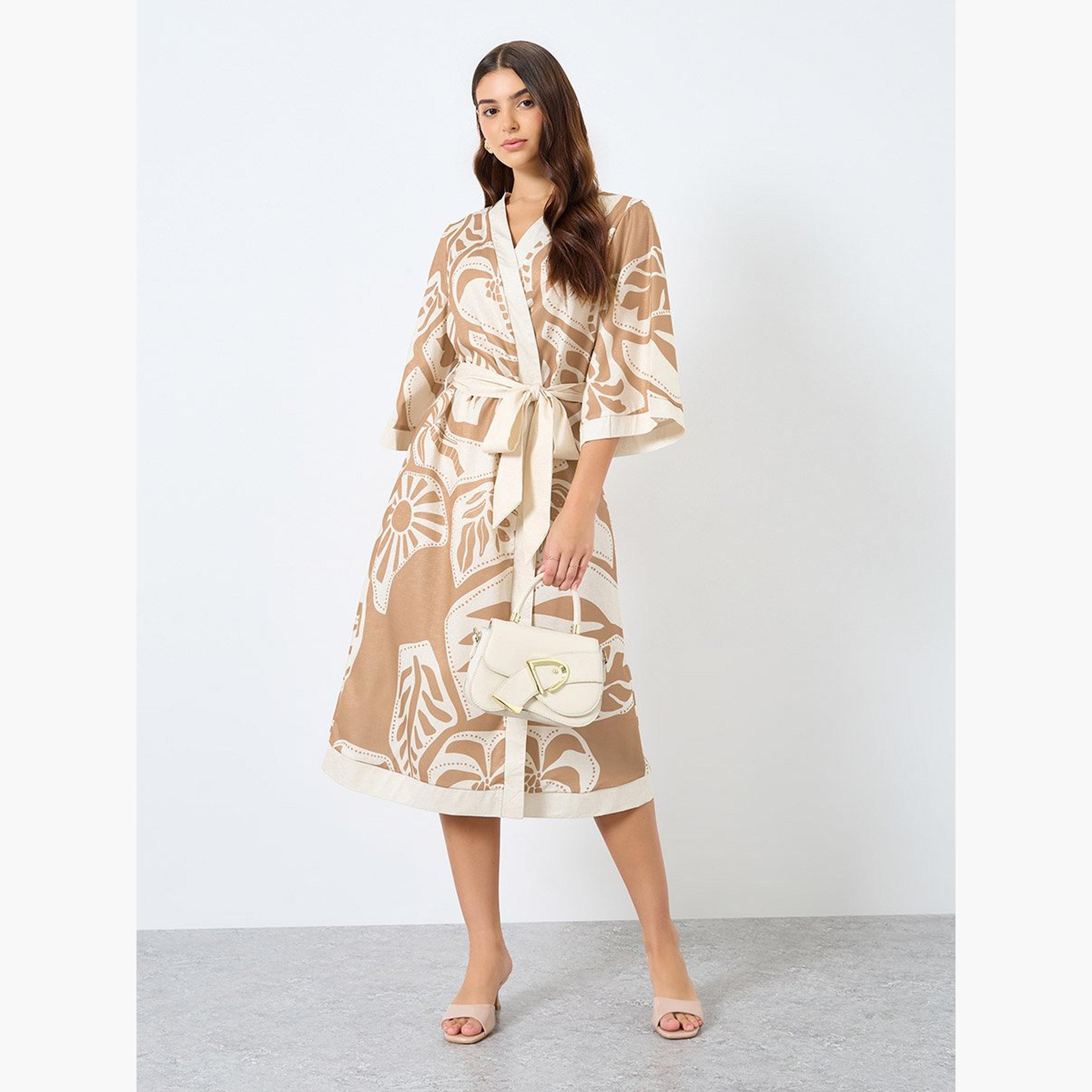 ستايلي - فستان ميدي ملفوف بطباعة كاملة مع رباط على الخصر-women-clothing-dresses-image-2
