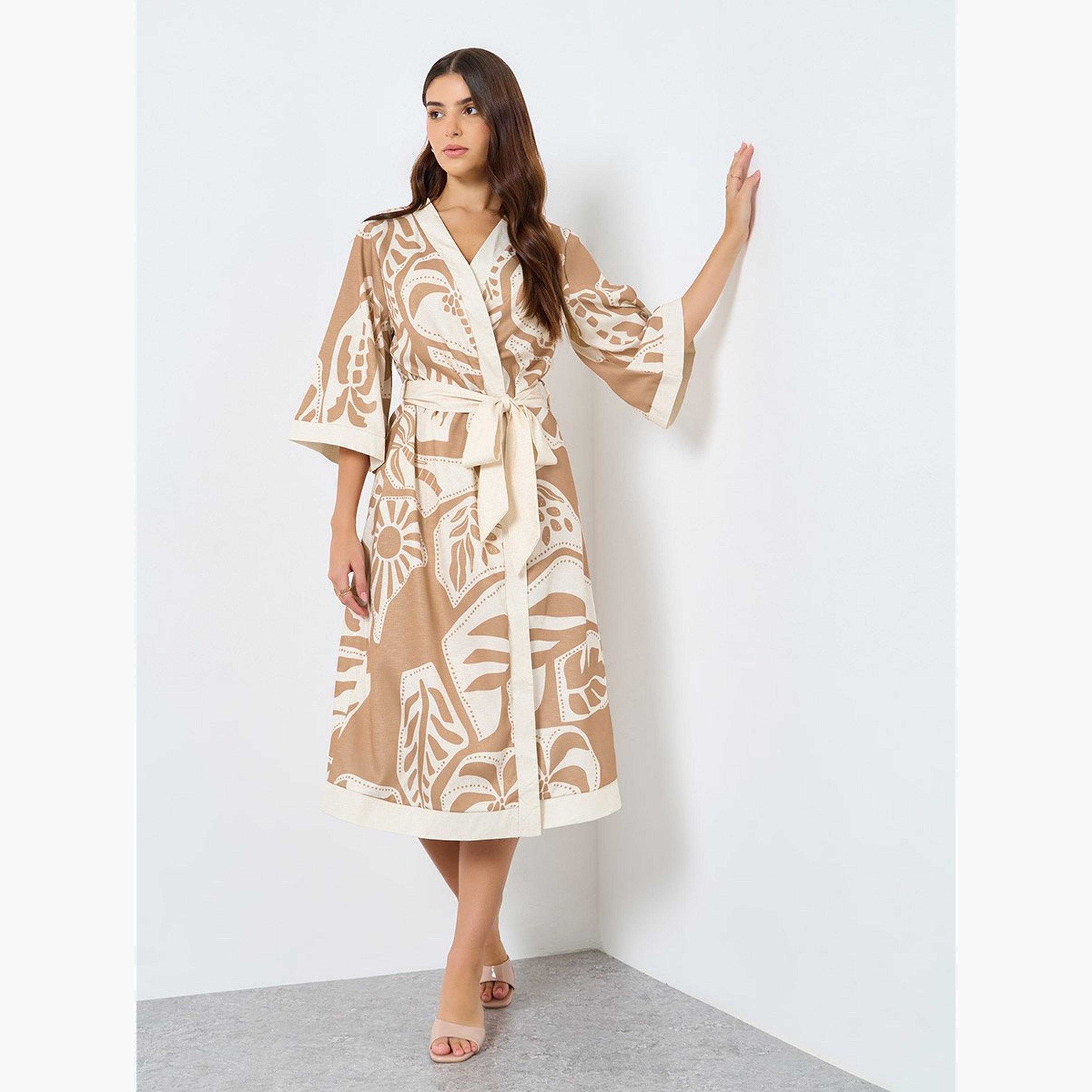 ستايلي - فستان ميدي ملفوف بطباعة كاملة مع رباط على الخصر-women-clothing-dresses-image-3