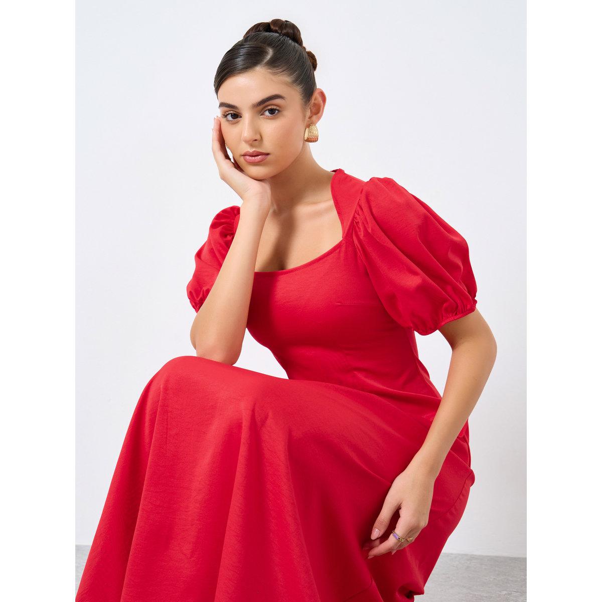 Styli Solid Puff Sleeve Square Neck Midi Dress-women-clothing-dresses-image-1