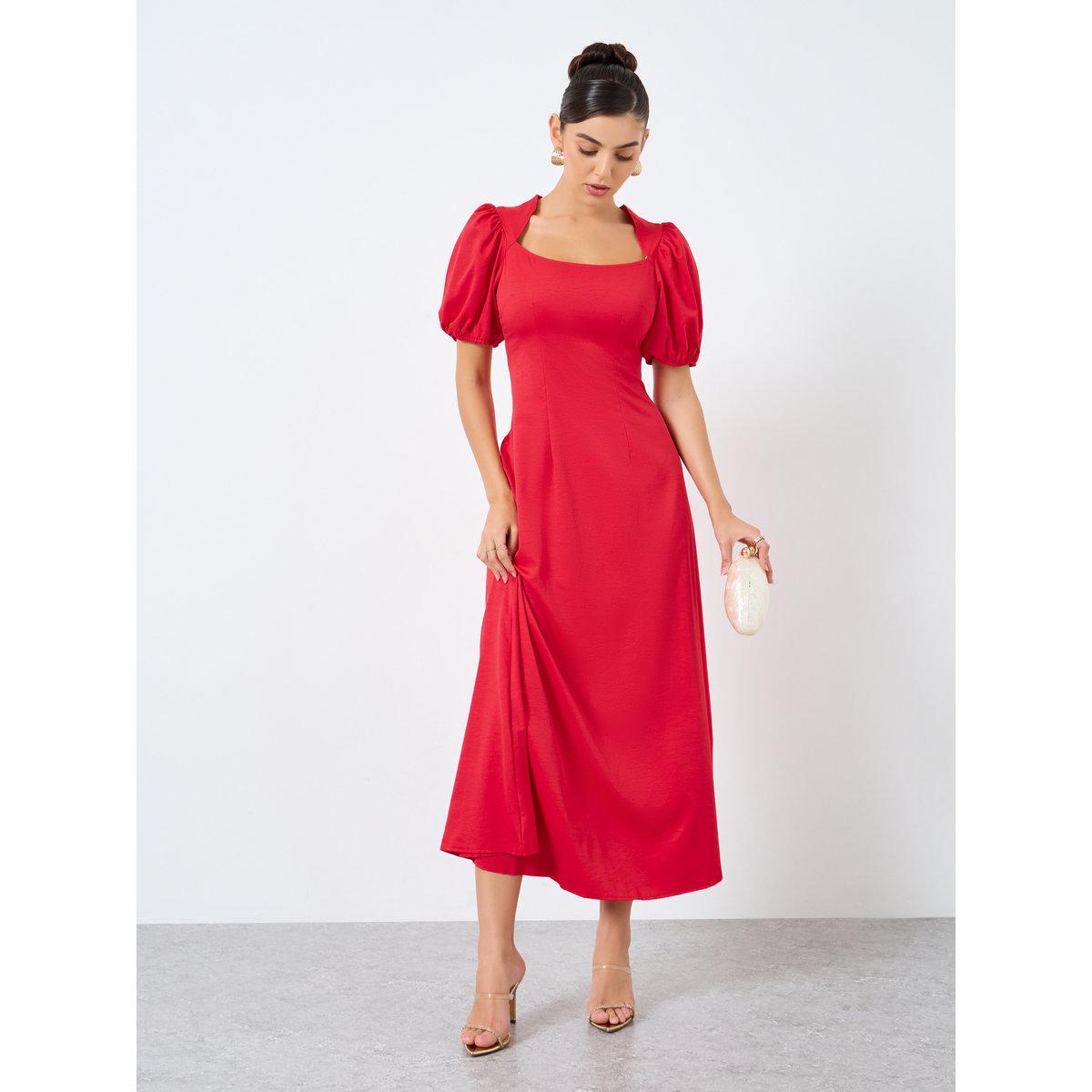 Styli Solid Puff Sleeve Square Neck Midi Dress-women-clothing-dresses-image-2