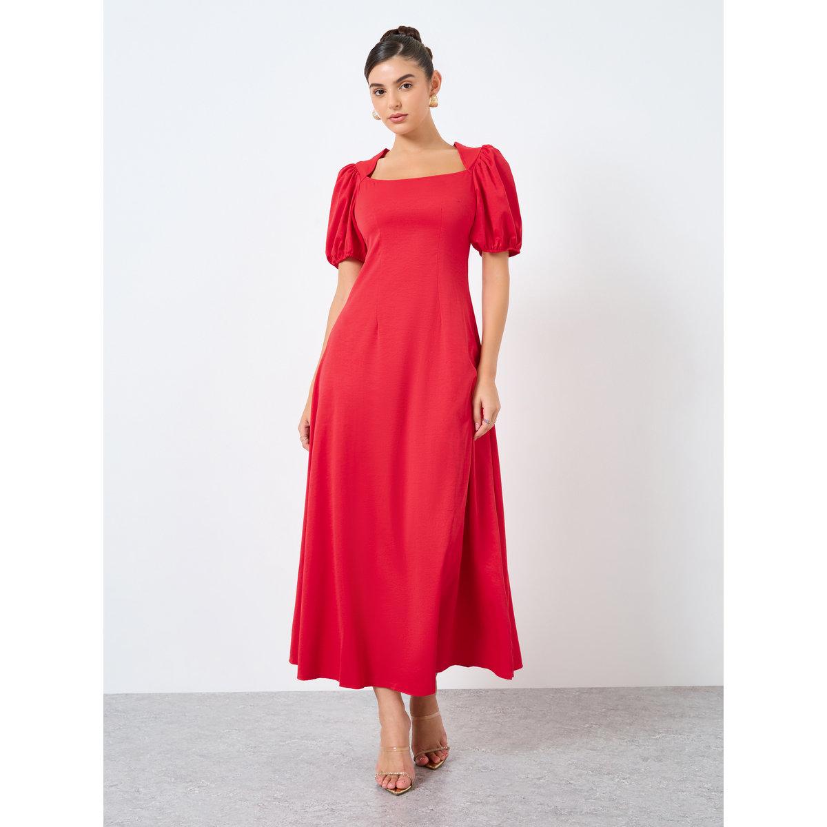 فستان ميدي بياقة مربعة وأكمام منفوخة-women-clothing-dresses-image-3