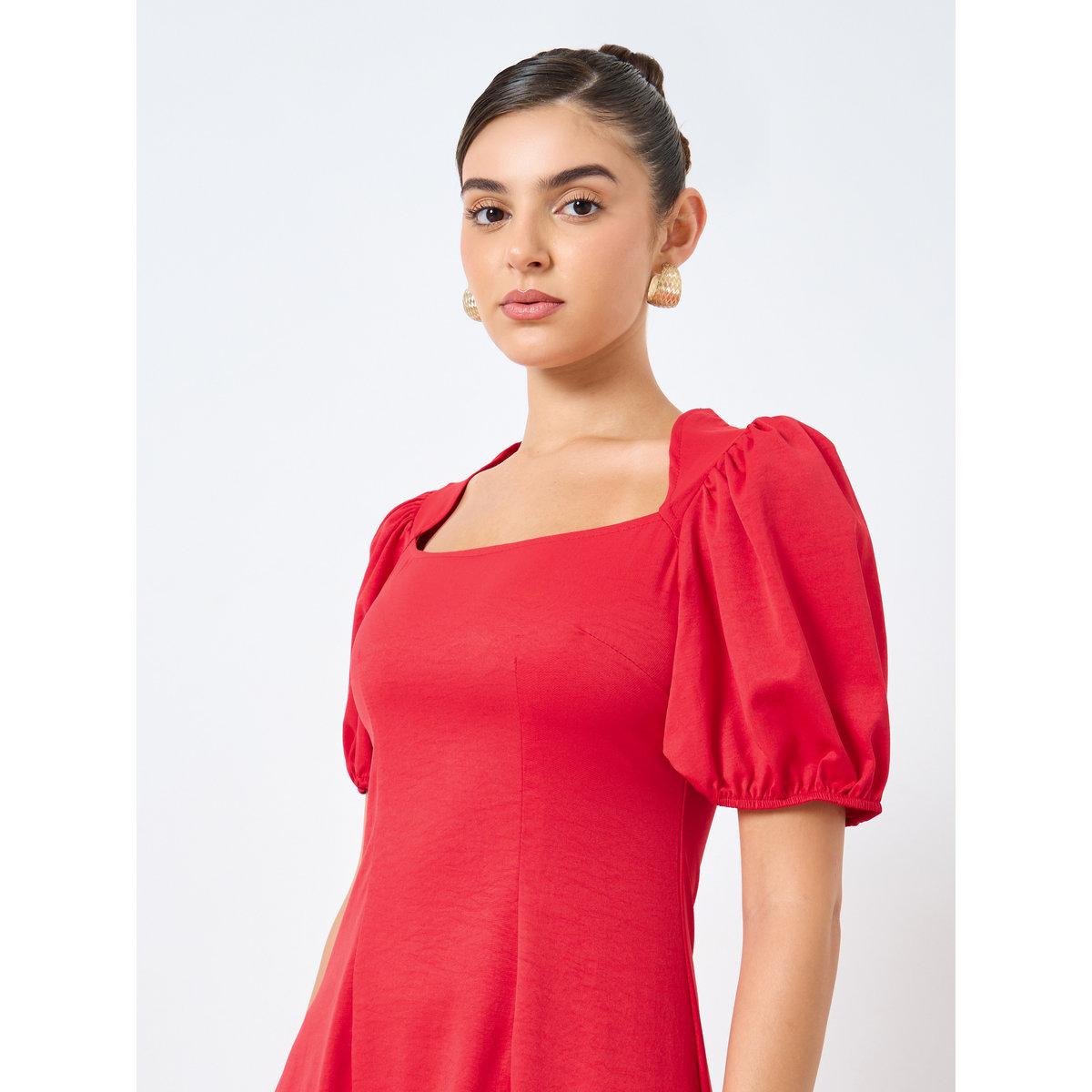 فستان ميدي بياقة مربعة وأكمام منفوخة-women-clothing-dresses-image-4