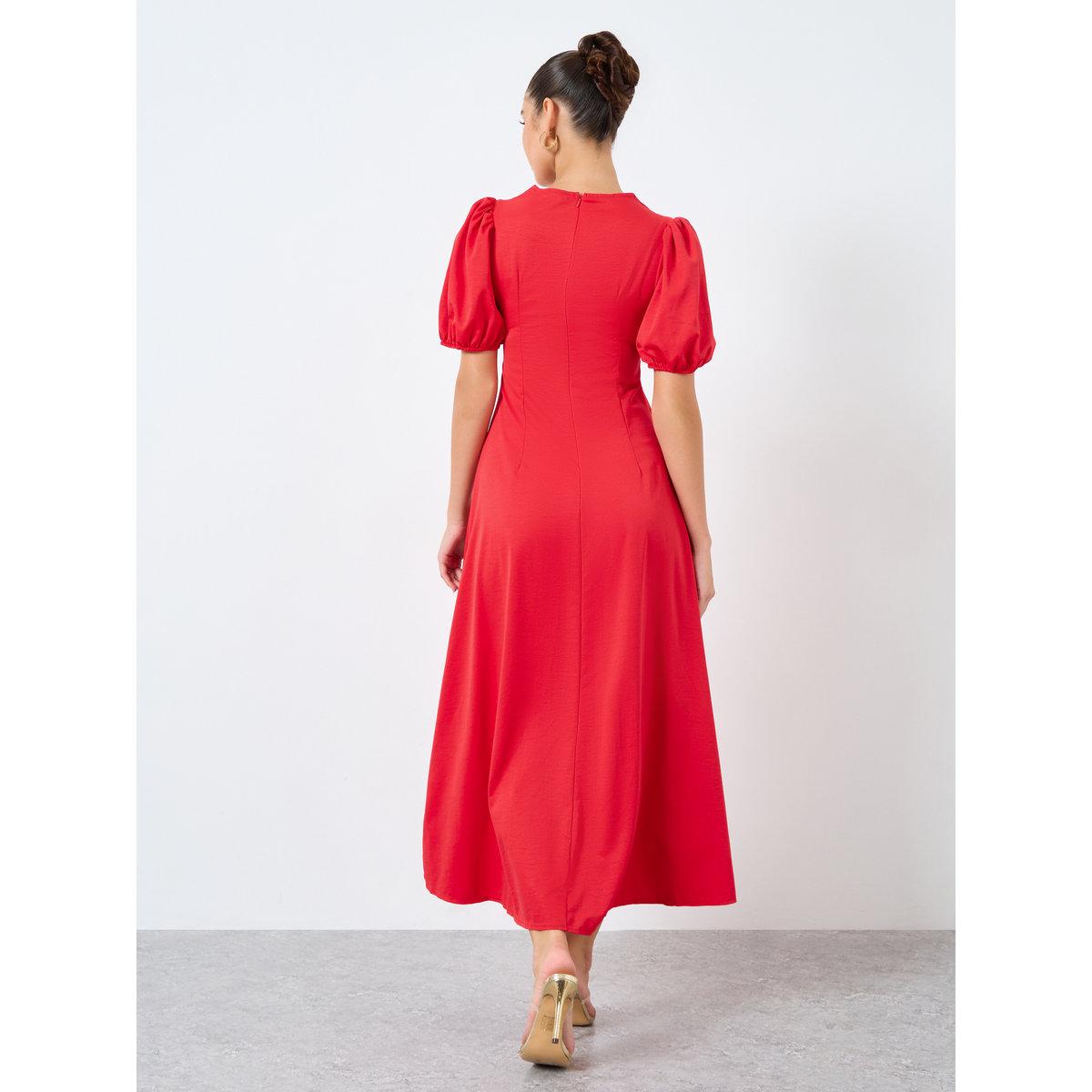 Styli Solid Puff Sleeve Square Neck Midi Dress-women-clothing-dresses-image-5