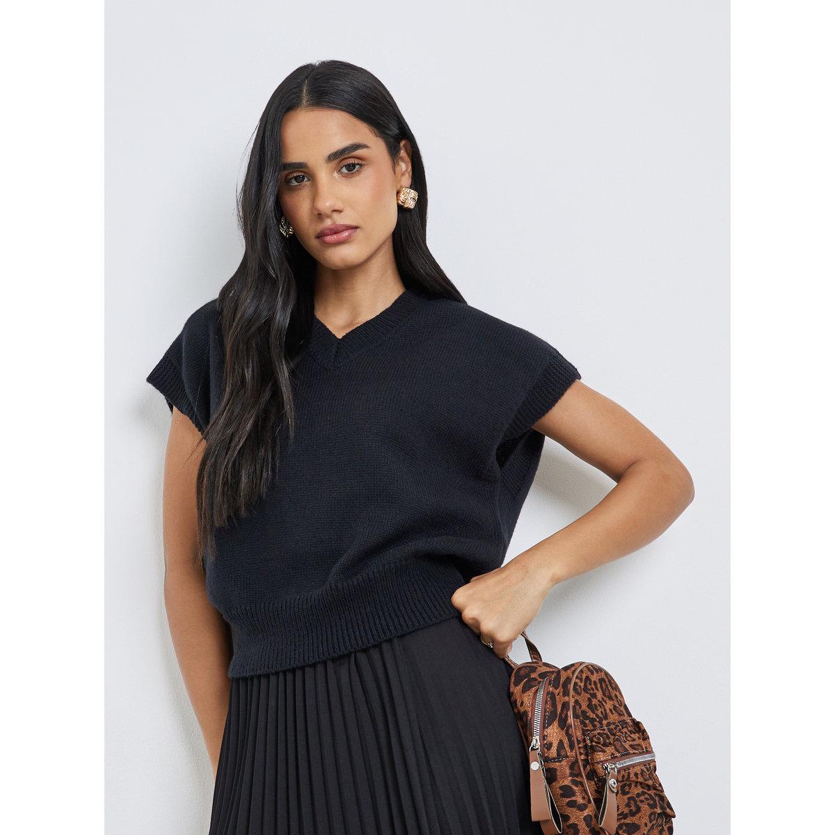 Styli Women Black Boxy Fit Knit Vest-women-clothing-shirtsandblouses-blouses-image-1