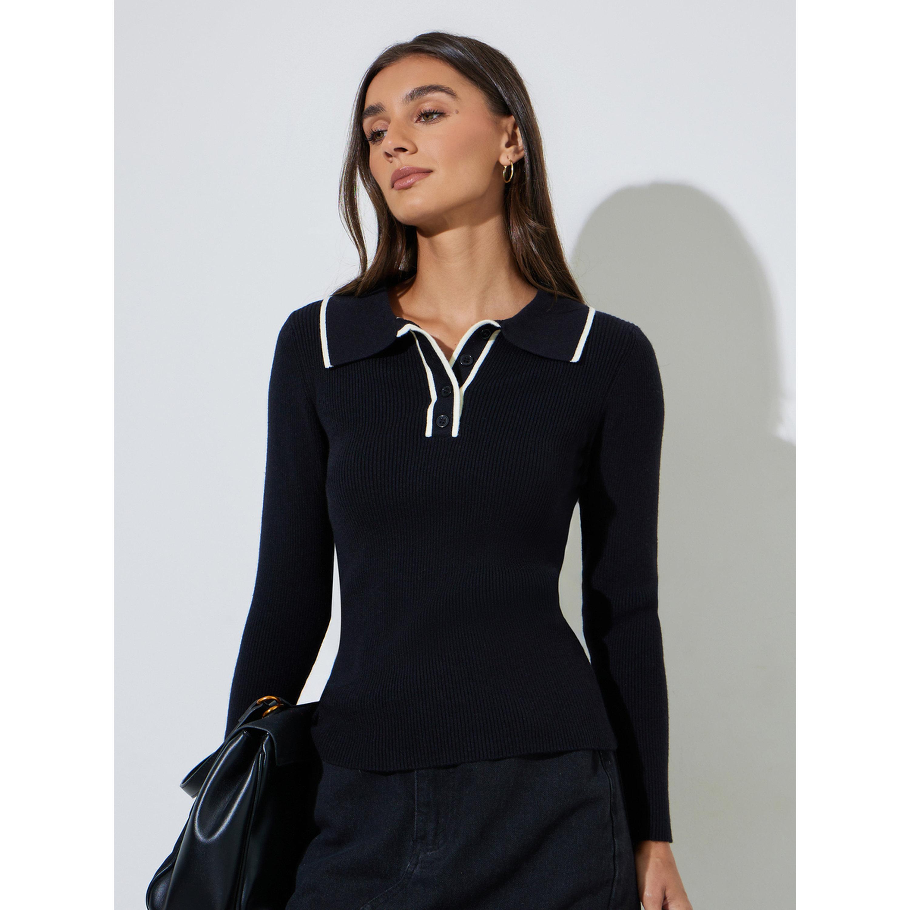 ستايلي - قميص بولو بأكمام طويلة مضلعة من-women-clothing-tshirts-image-1