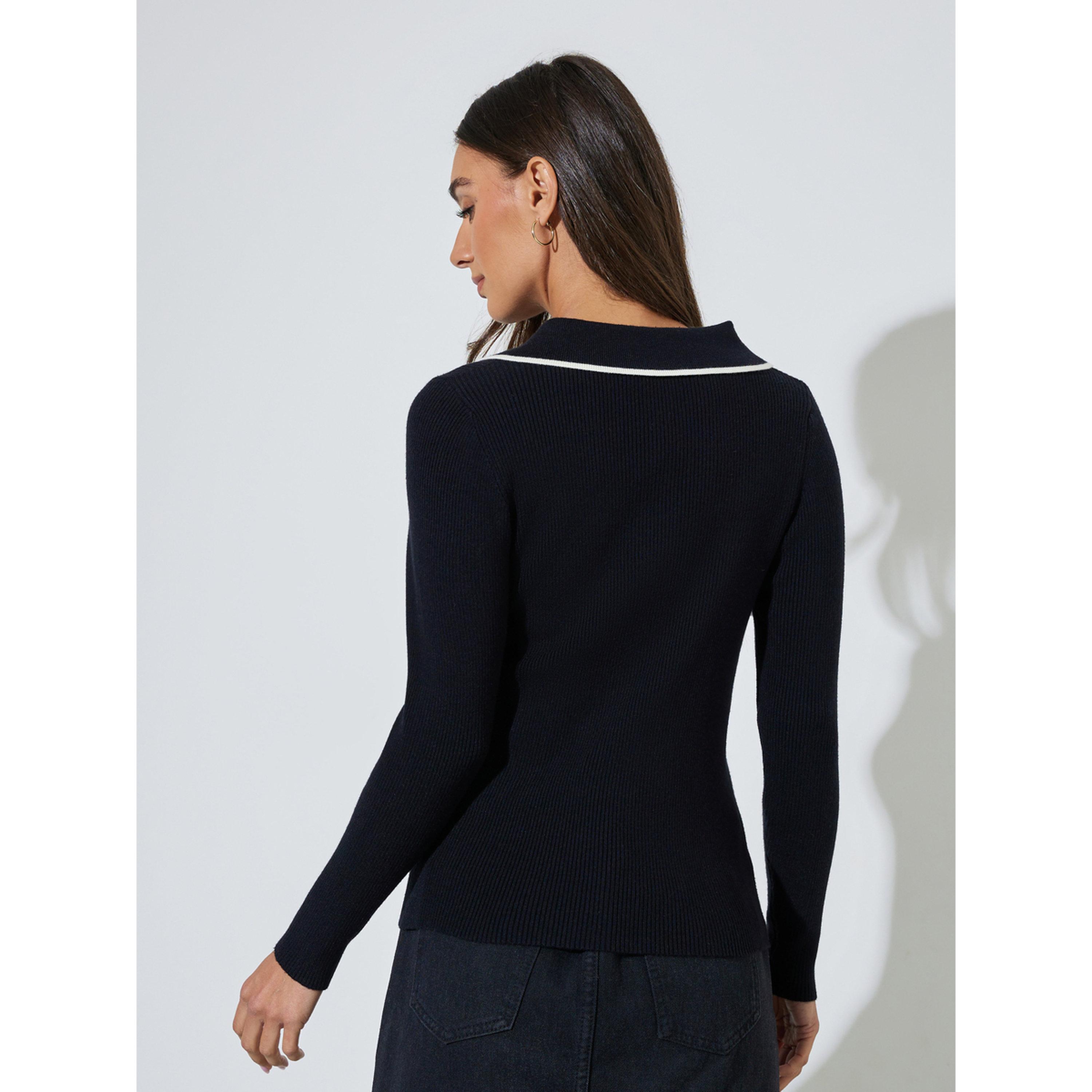 ستايلي - قميص بولو بأكمام طويلة مضلعة من-women-clothing-tshirts-image-3