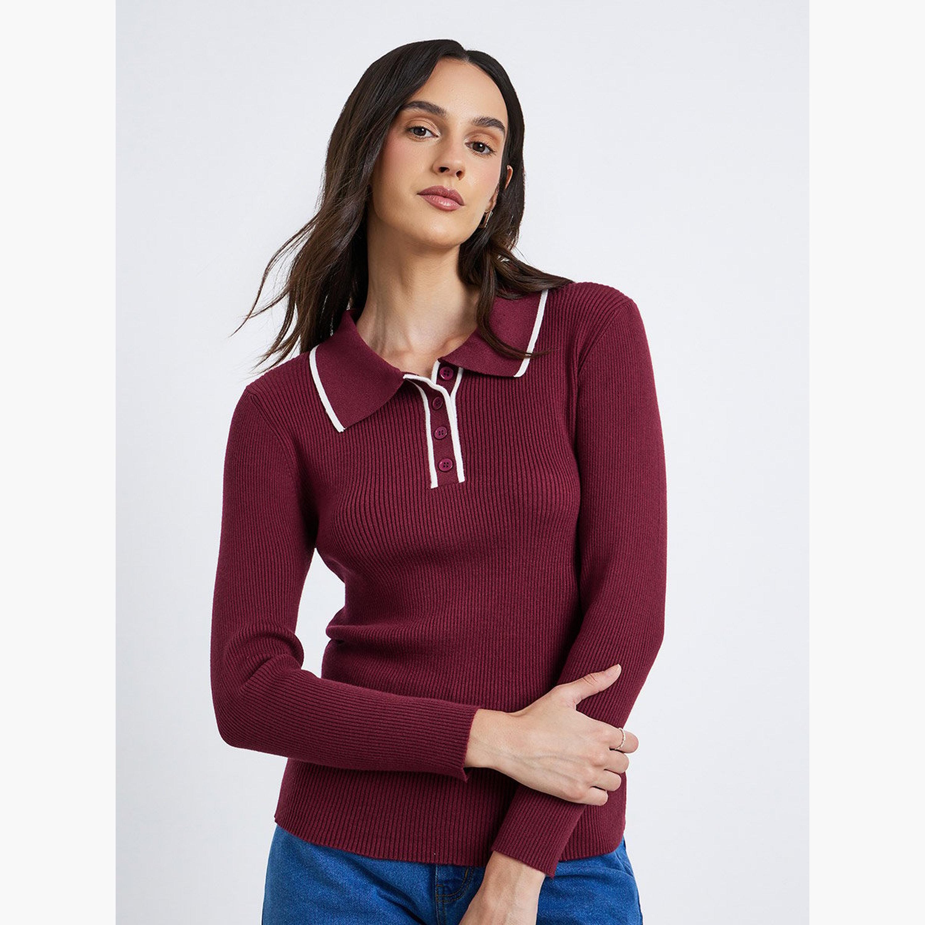 ستايلي - قميص بولو بأكمام طويلة ومضلع ومحكم-women-clothing-tshirts-image-1