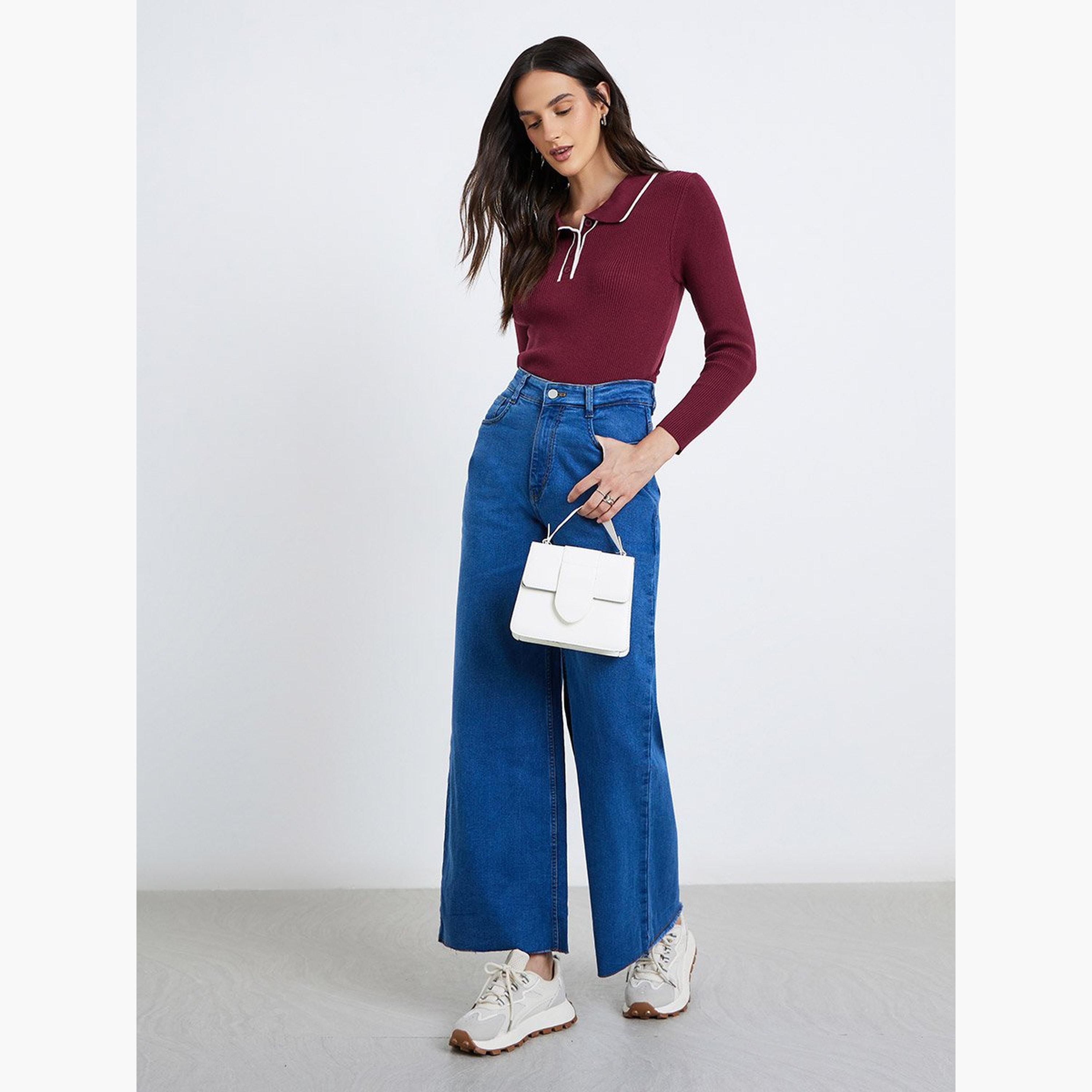 ستايلي - قميص بولو بأكمام طويلة ومضلع ومحكم-women-clothing-tshirts-image-2