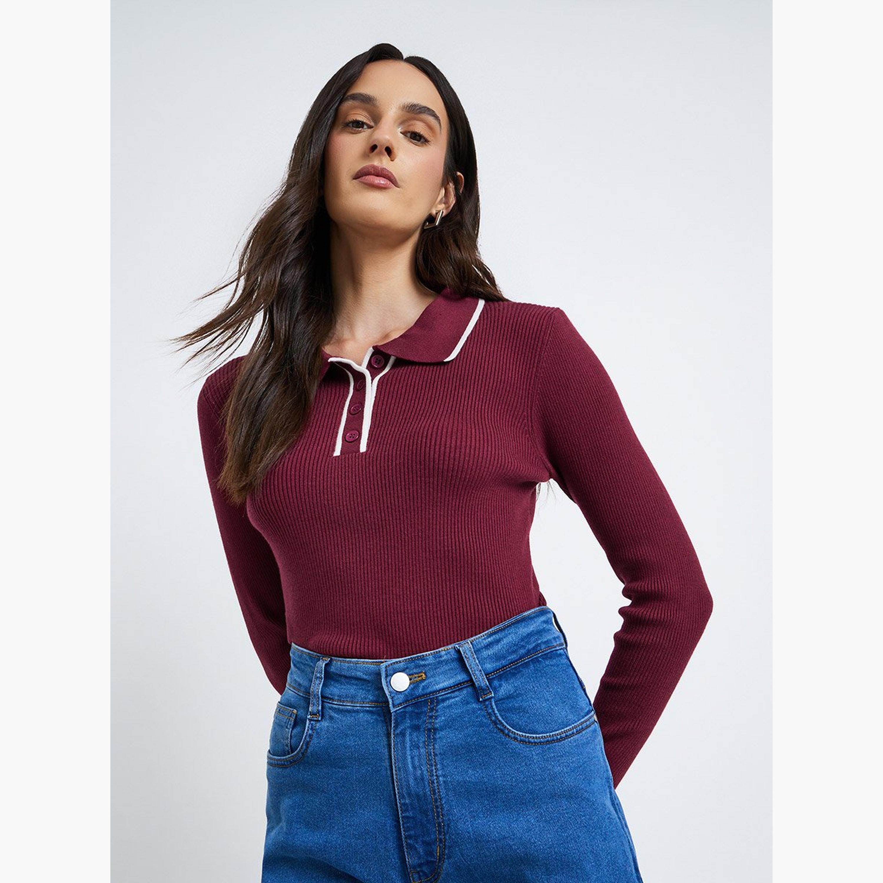 ستايلي - قميص بولو بأكمام طويلة ومضلع ومحكم-women-clothing-tshirts-image-3