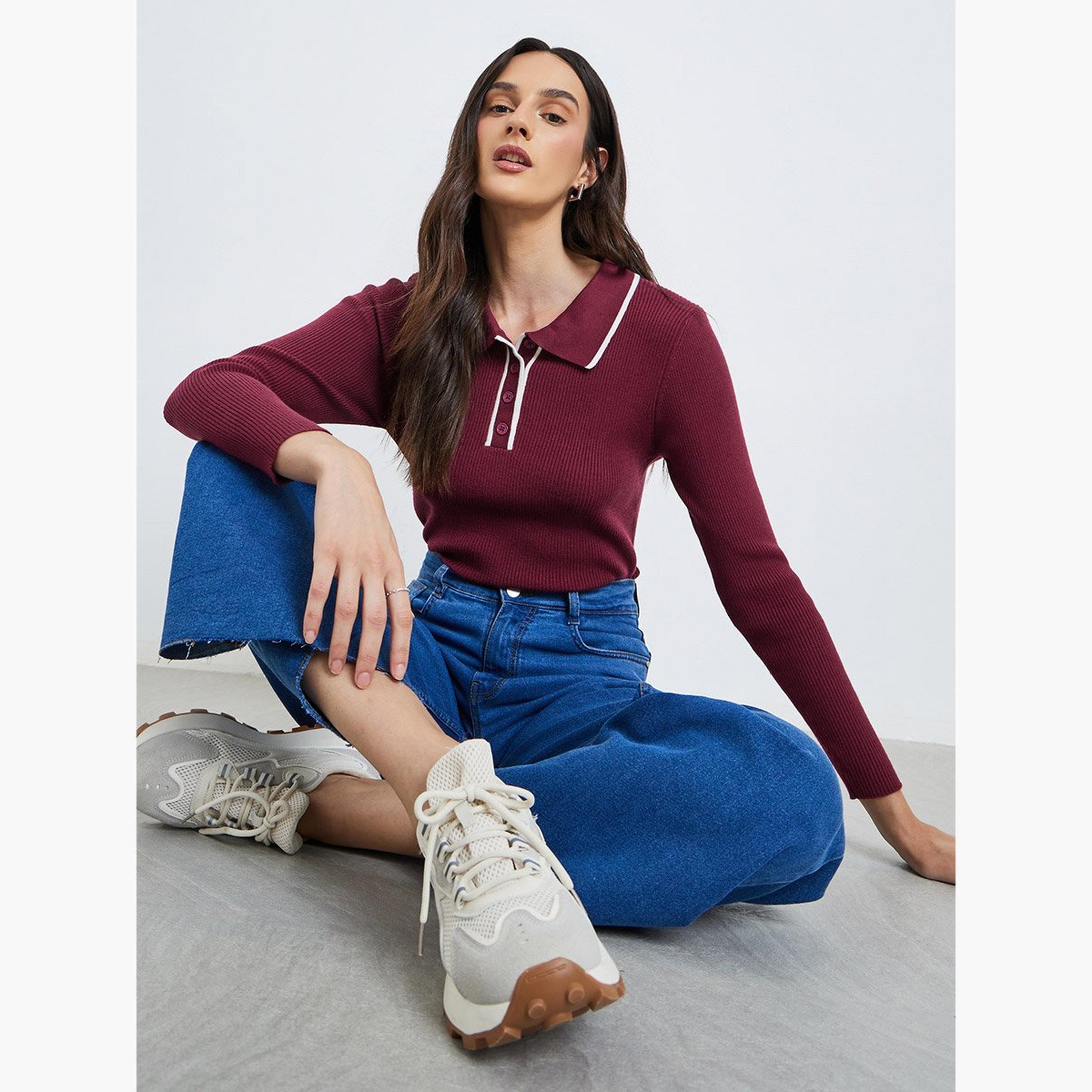 ستايلي - قميص بولو بأكمام طويلة ومضلع ومحكم-women-clothing-tshirts-image-4