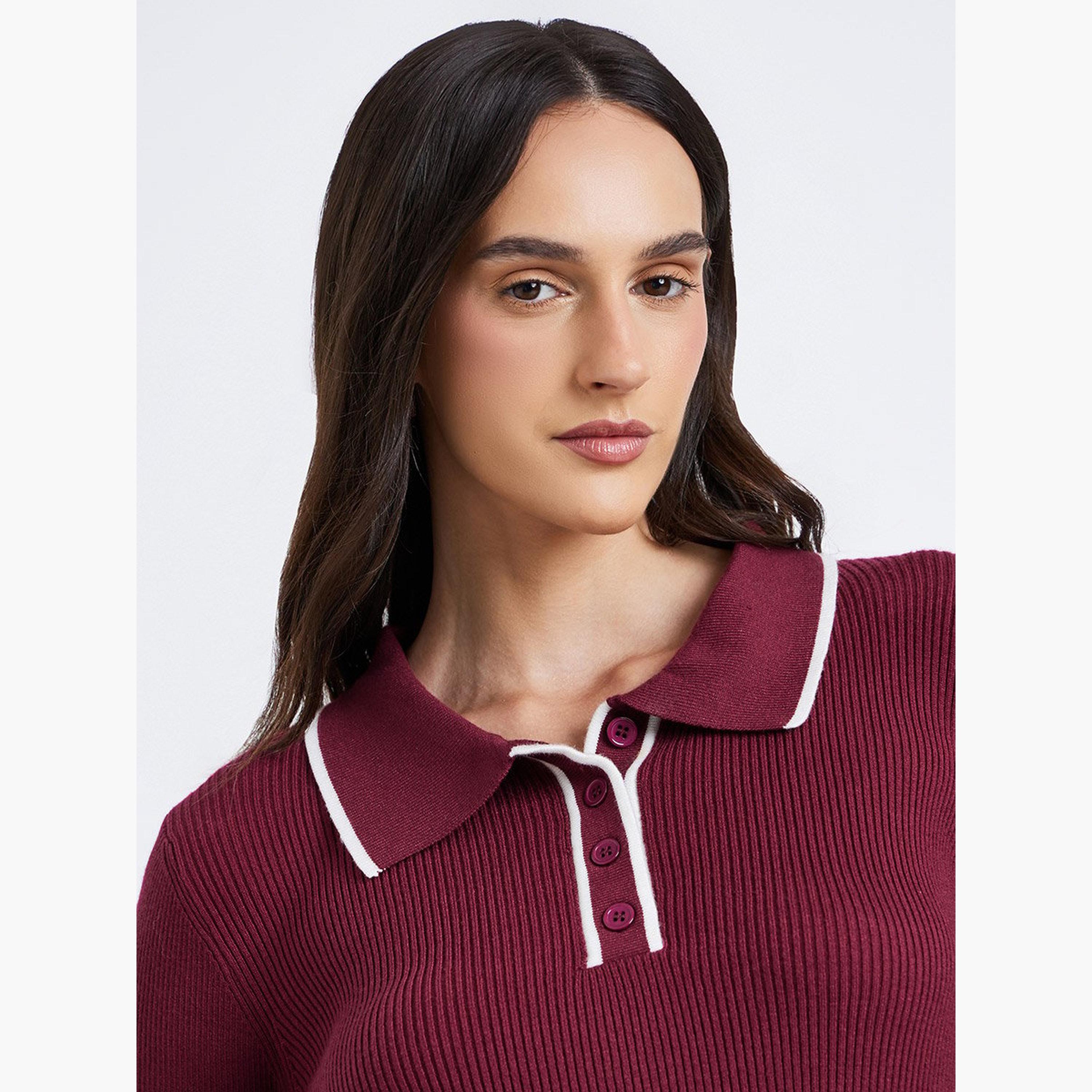 ستايلي - قميص بولو بأكمام طويلة ومضلع ومحكم-women-clothing-tshirts-image-5