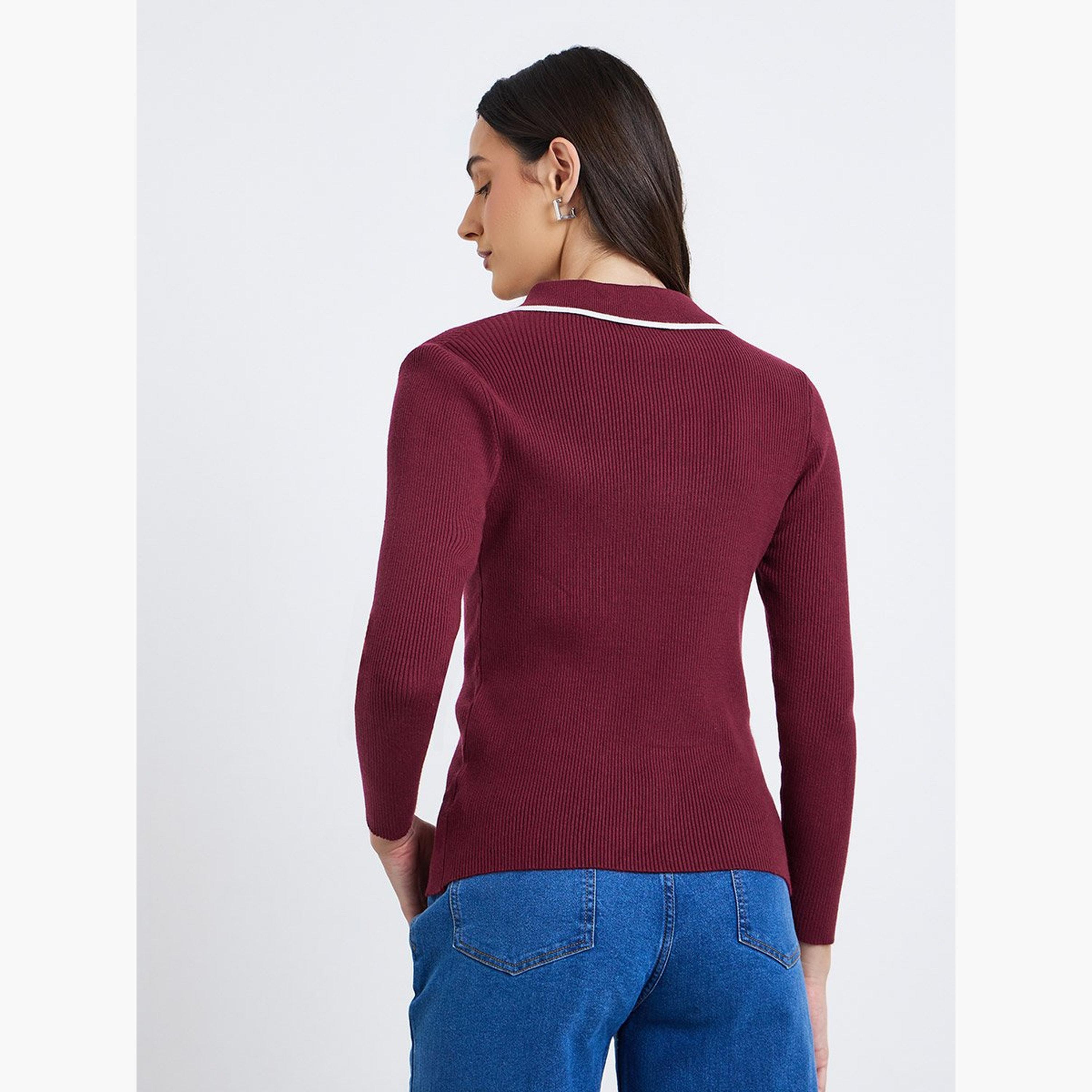 ستايلي - قميص بولو بأكمام طويلة ومضلع ومحكم-women-clothing-tshirts-image-6