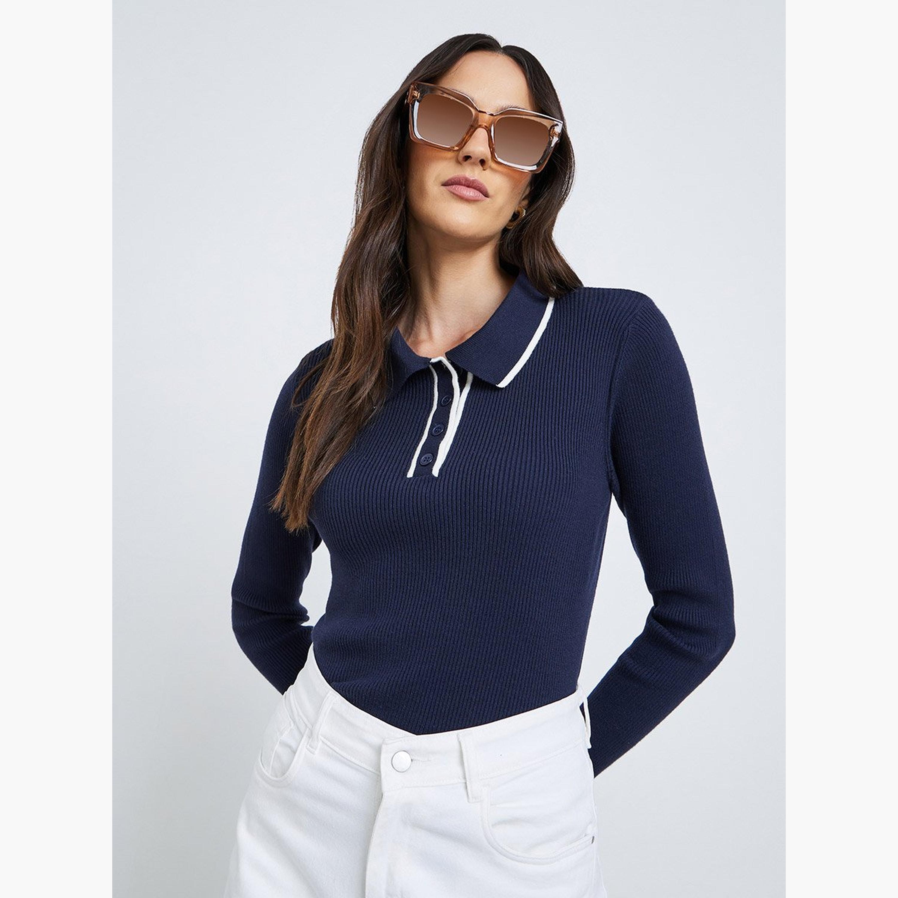 ستايلي - قميص بولو بأكمام طويلة ومضلع ومحكم-women-clothing-tshirts-image-1