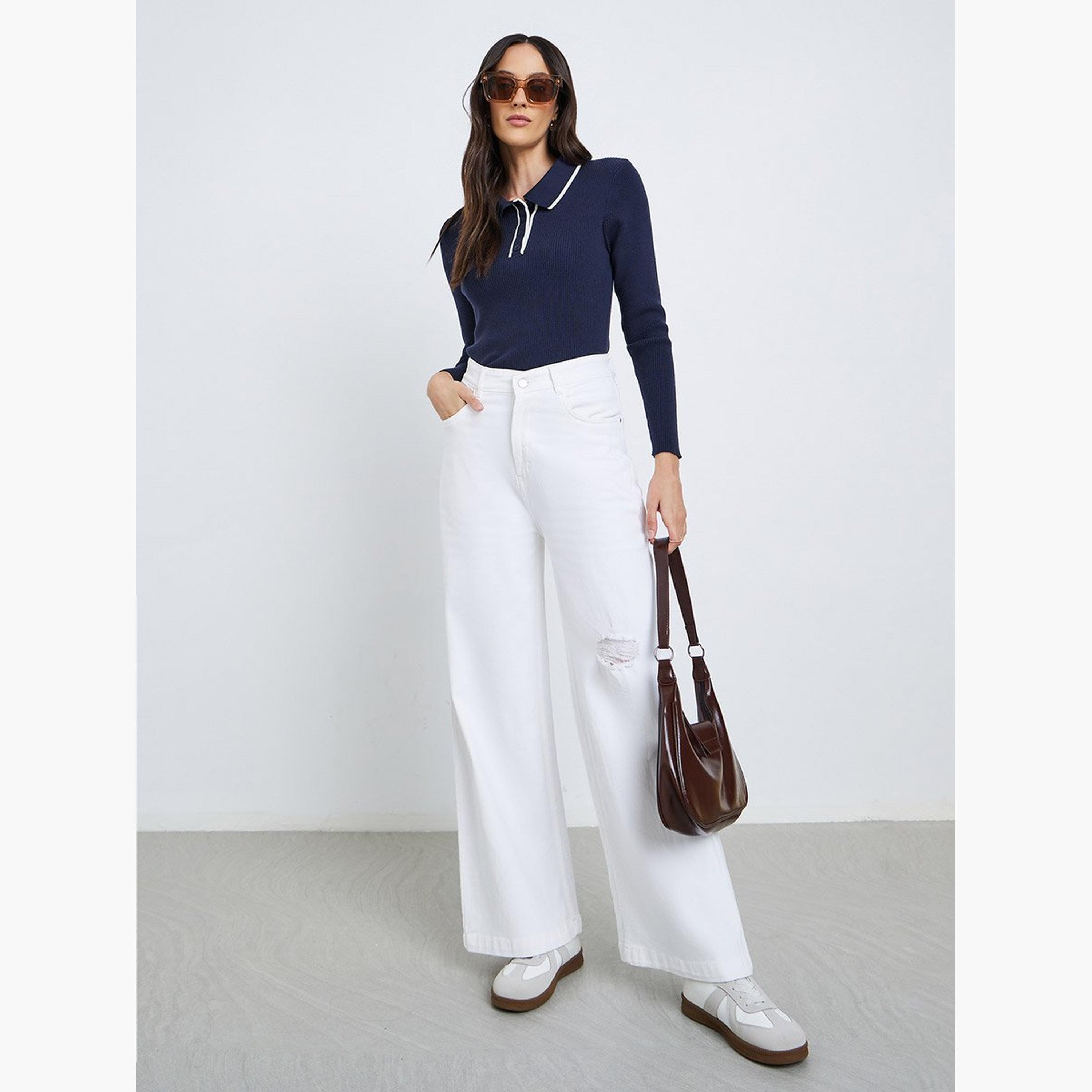 Styli Textured Ribbed Long Sleeve Polo Top-women-clothing-tshirts-image-2