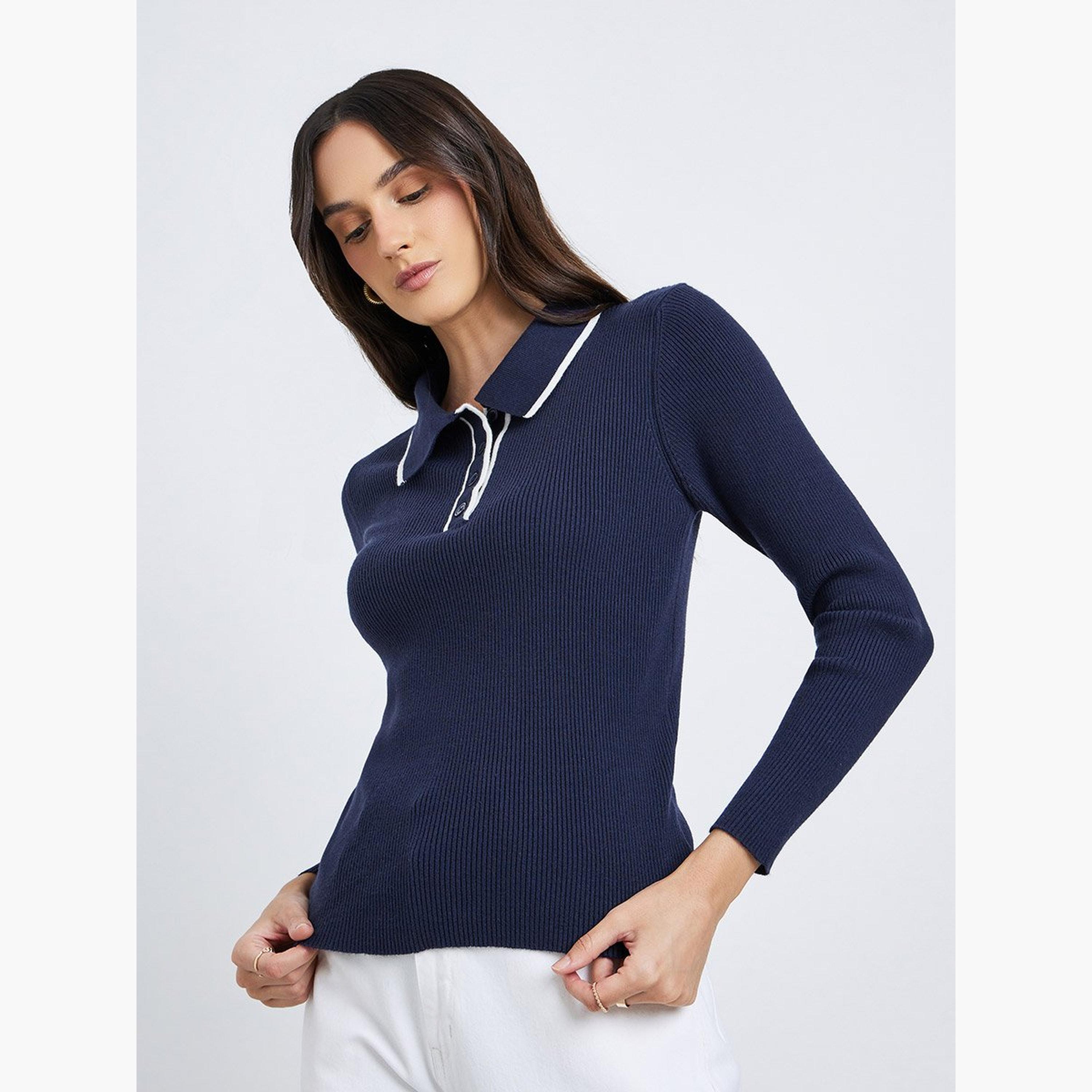 Styli Textured Ribbed Long Sleeve Polo Top-women-clothing-tshirts-image-3