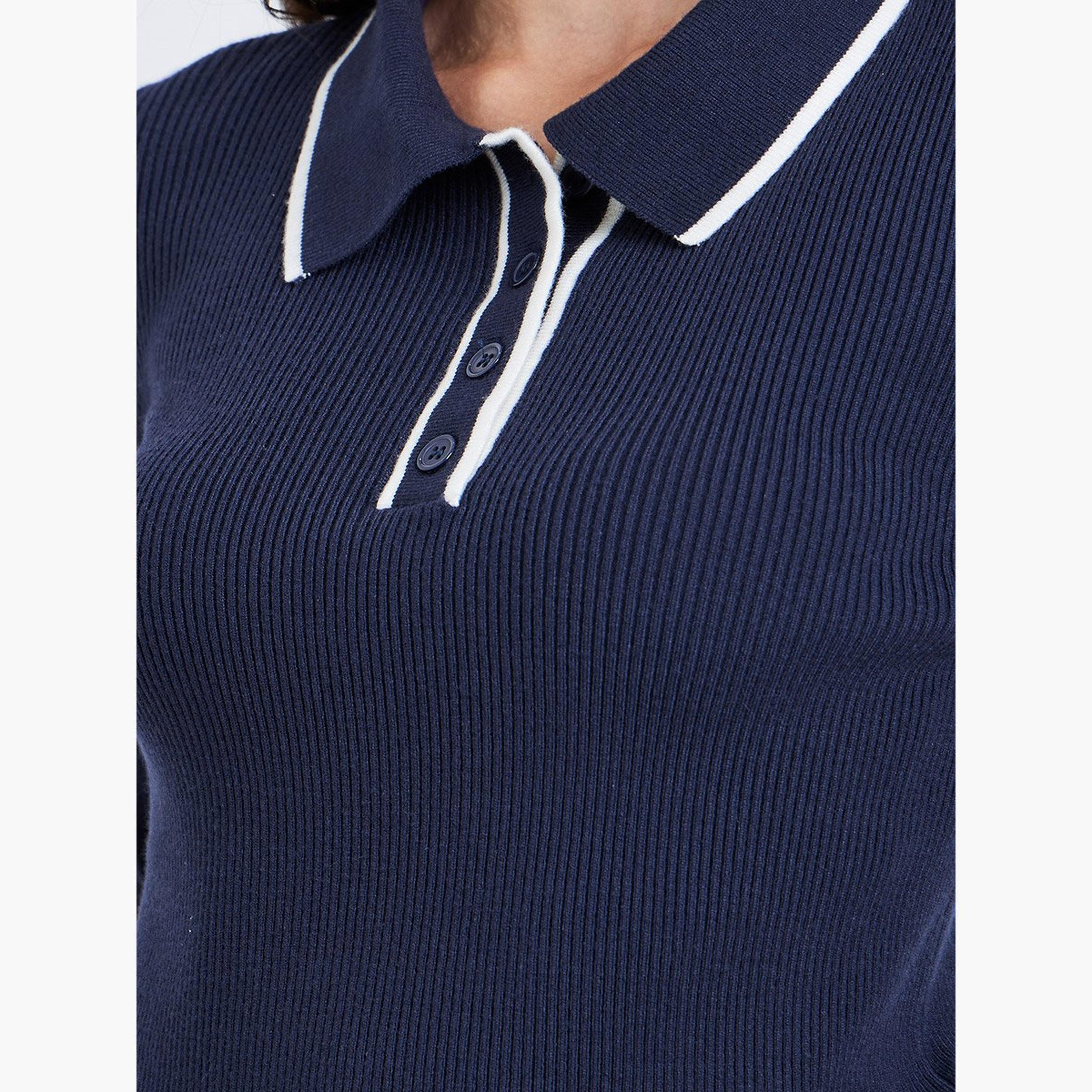 Styli Textured Ribbed Long Sleeve Polo Top-women-clothing-tshirts-image-4